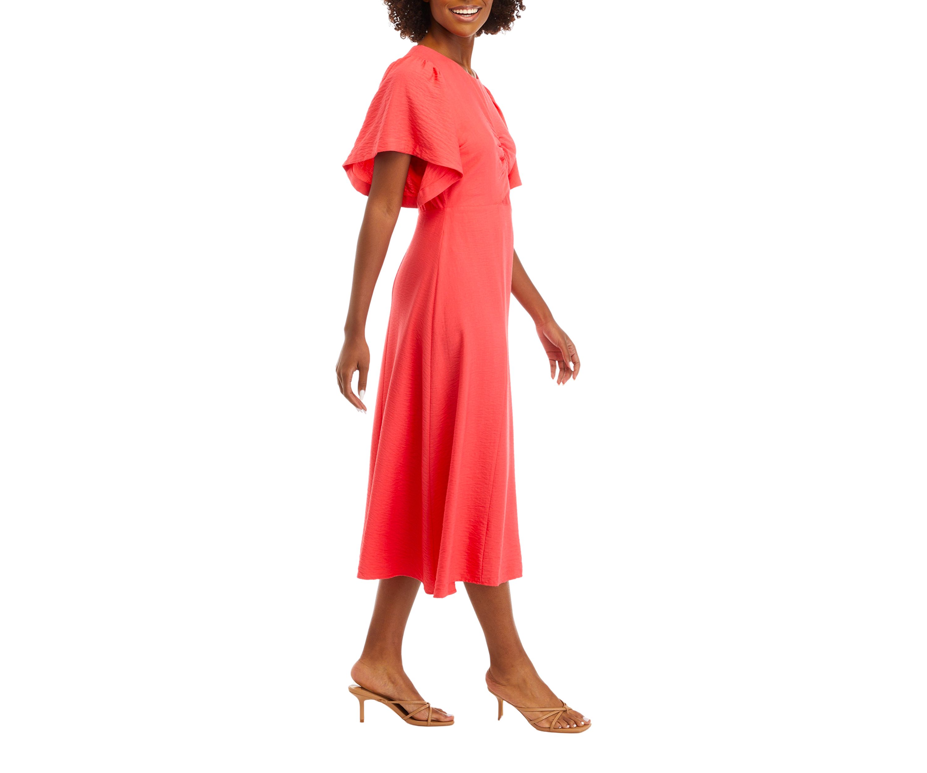 Womens Flutter Sleeve Ruch Front Midi Dress