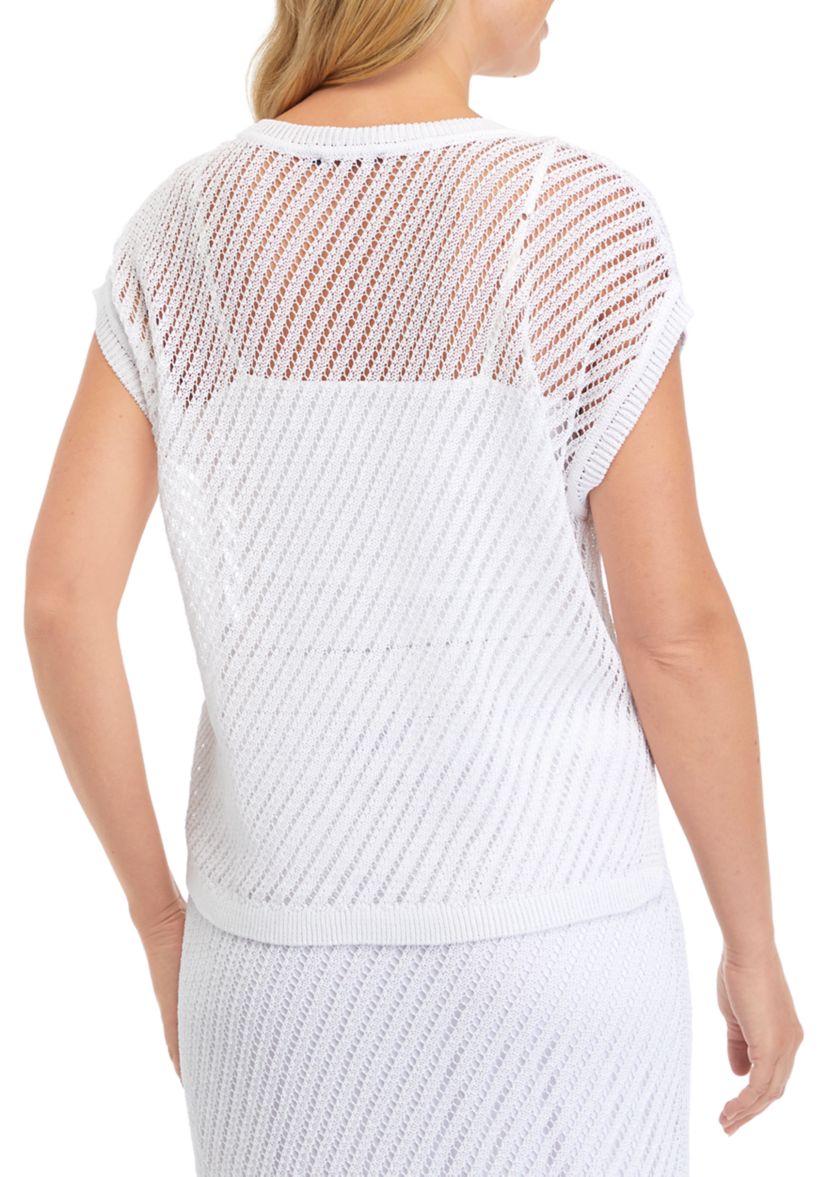 Womens Short Sleeve Open Crochet Sweater 