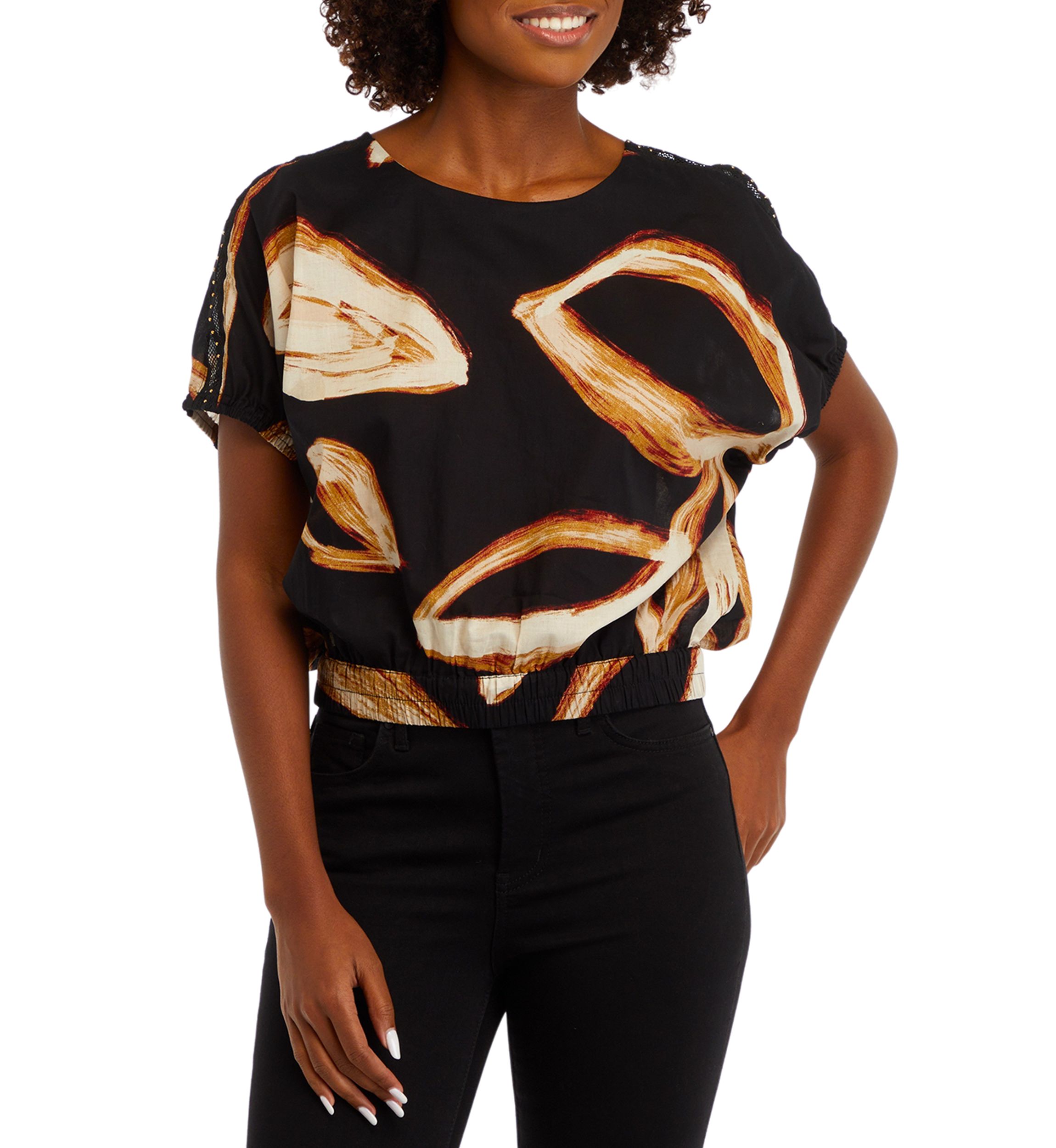Womens Short Sleeve Leaf Print Blouse