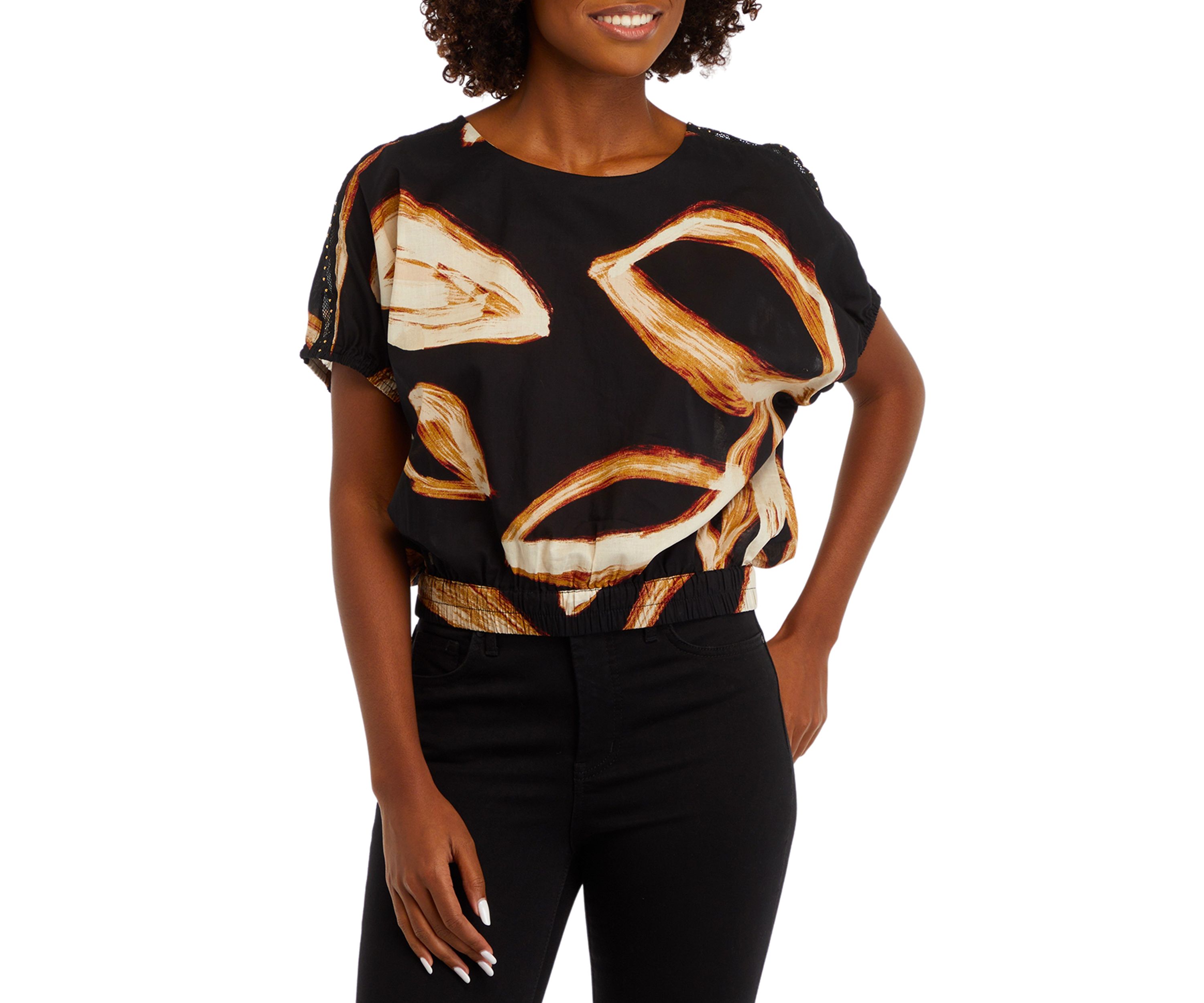 Womens Short Sleeve Leaf Print Blouse