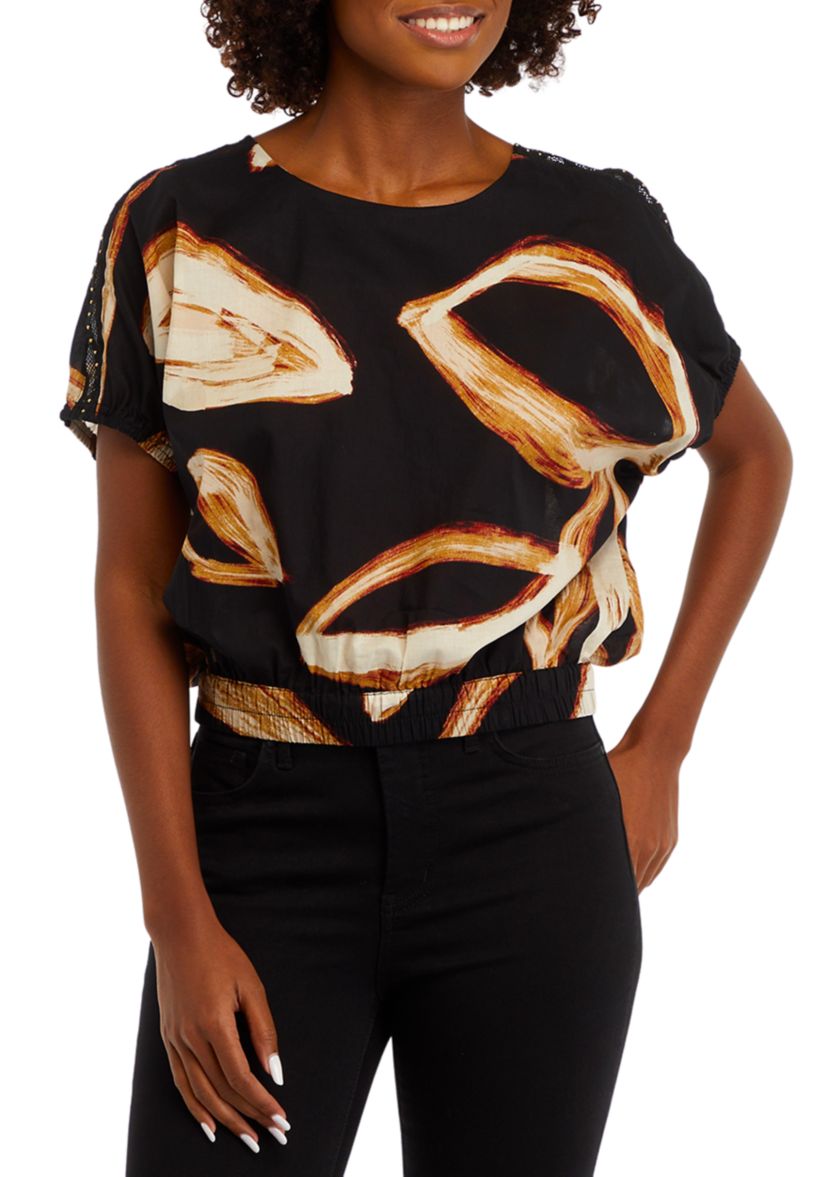 Womens Short Sleeve Leaf Print Blouse