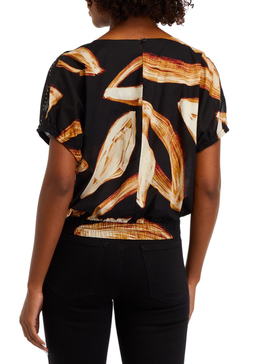 Womens Short Sleeve Leaf Print Blouse