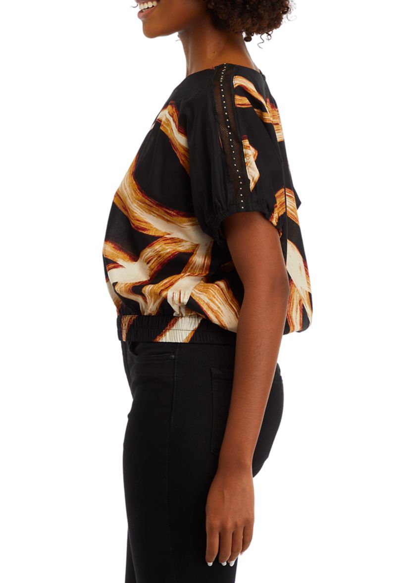Womens Short Sleeve Leaf Print Blouse