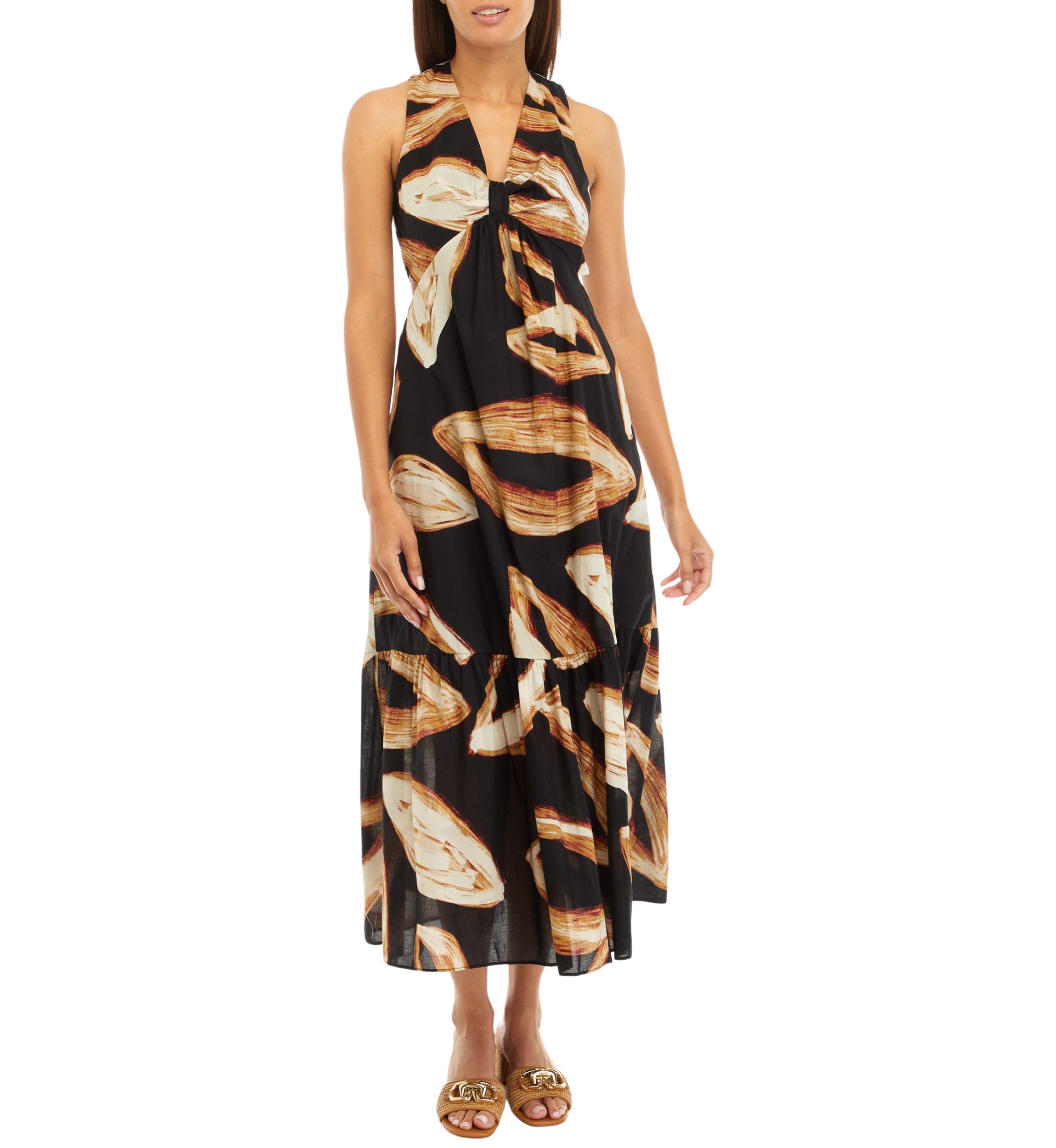 Womens Sleeveless Tie Waist Leaf Print Dress