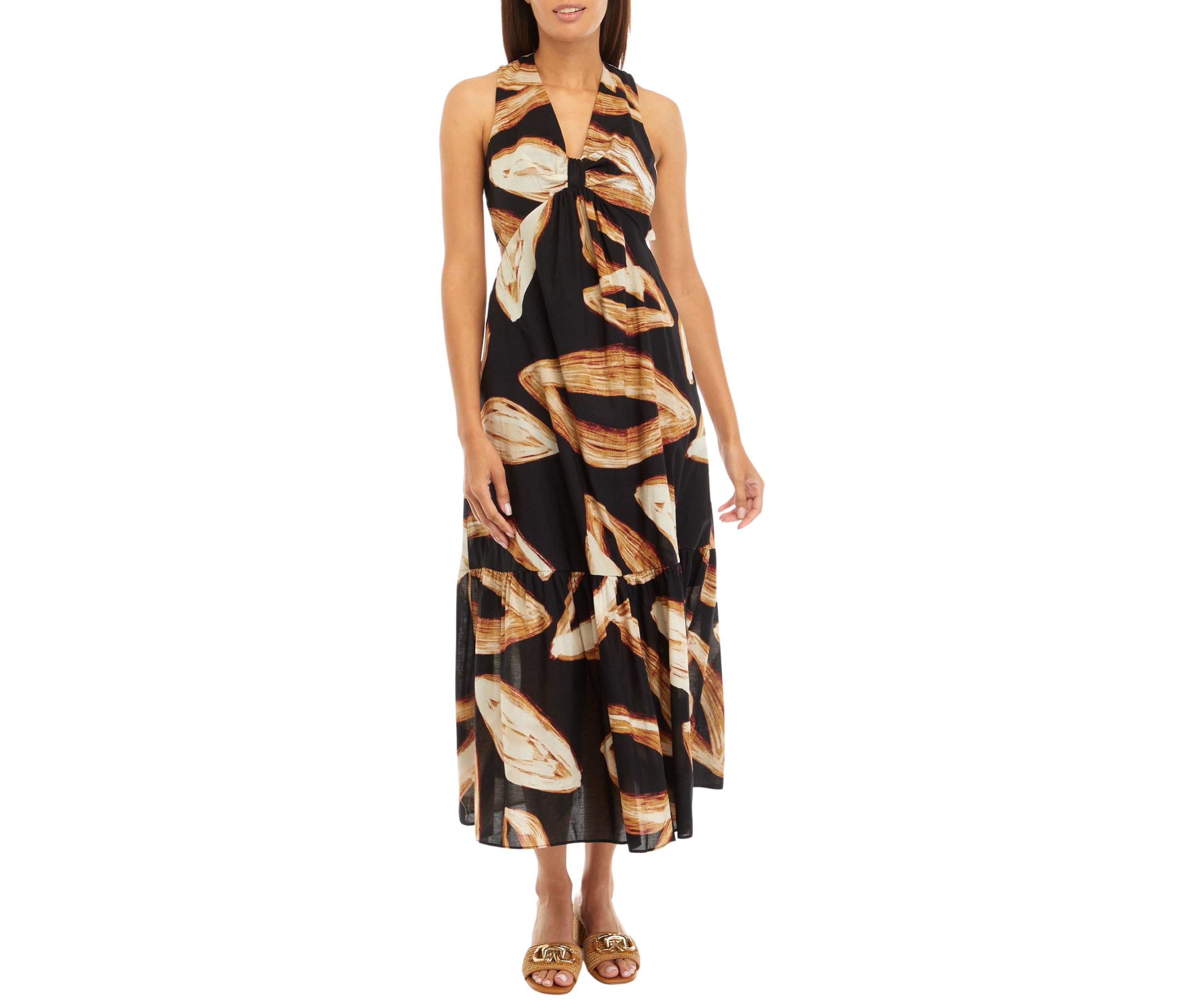 Womens Sleeveless Tie Waist Leaf Print Dress