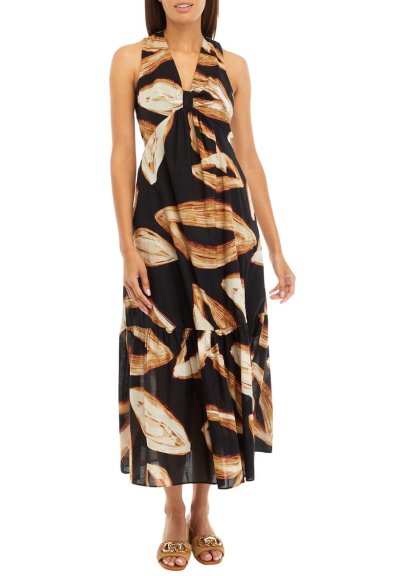 Womens Sleeveless Tie Waist Leaf Print Dress