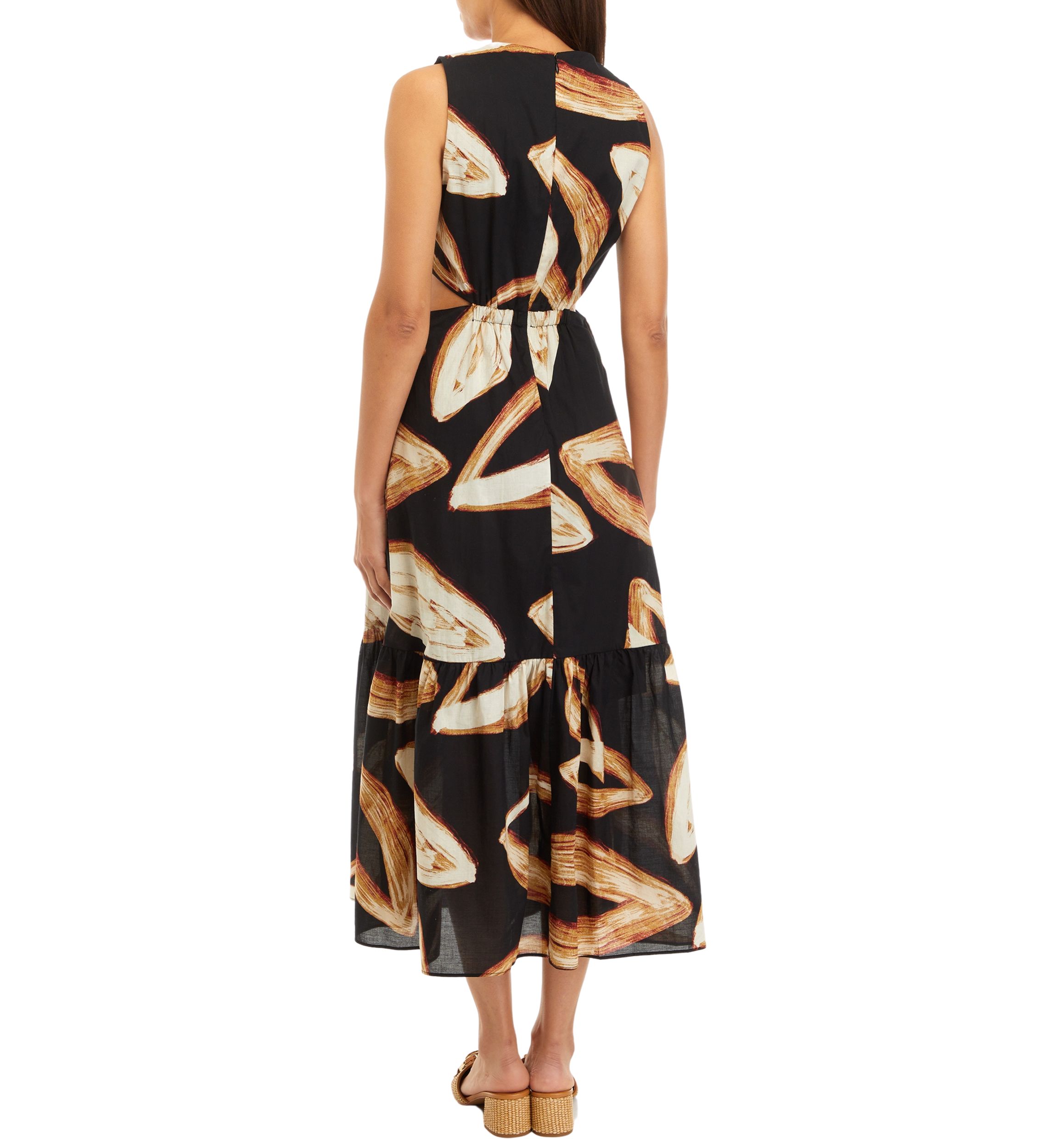 Womens Sleeveless Tie Waist Leaf Print Dress