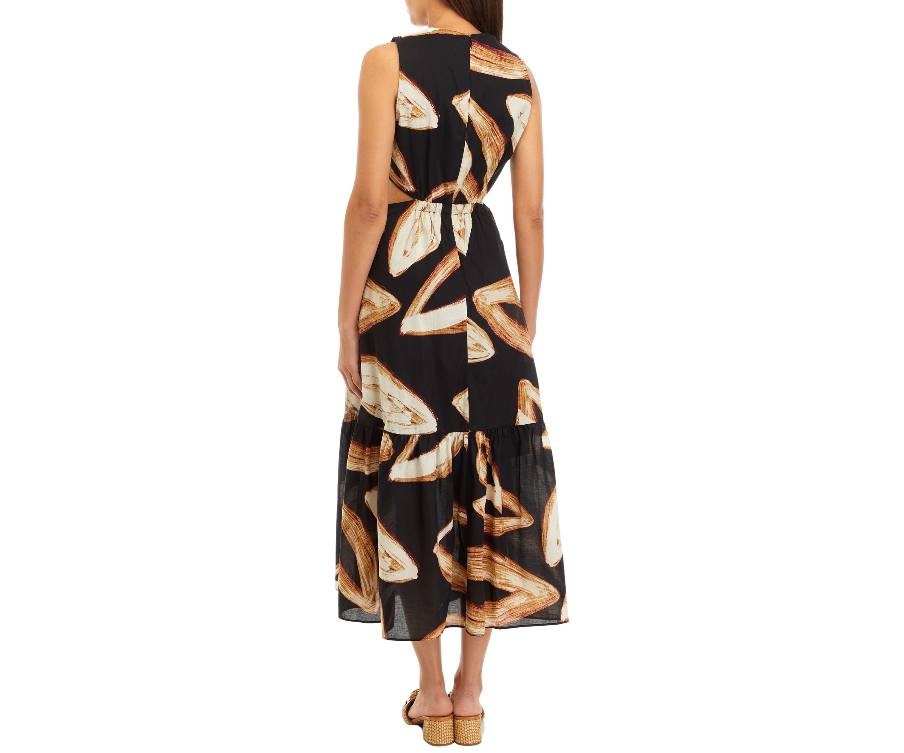 Womens Sleeveless Tie Waist Leaf Print Dress