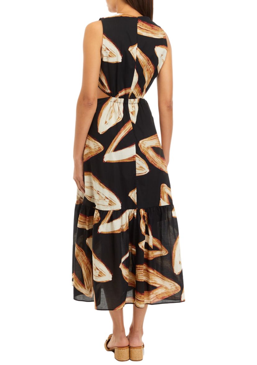 Womens Sleeveless Tie Waist Leaf Print Dress