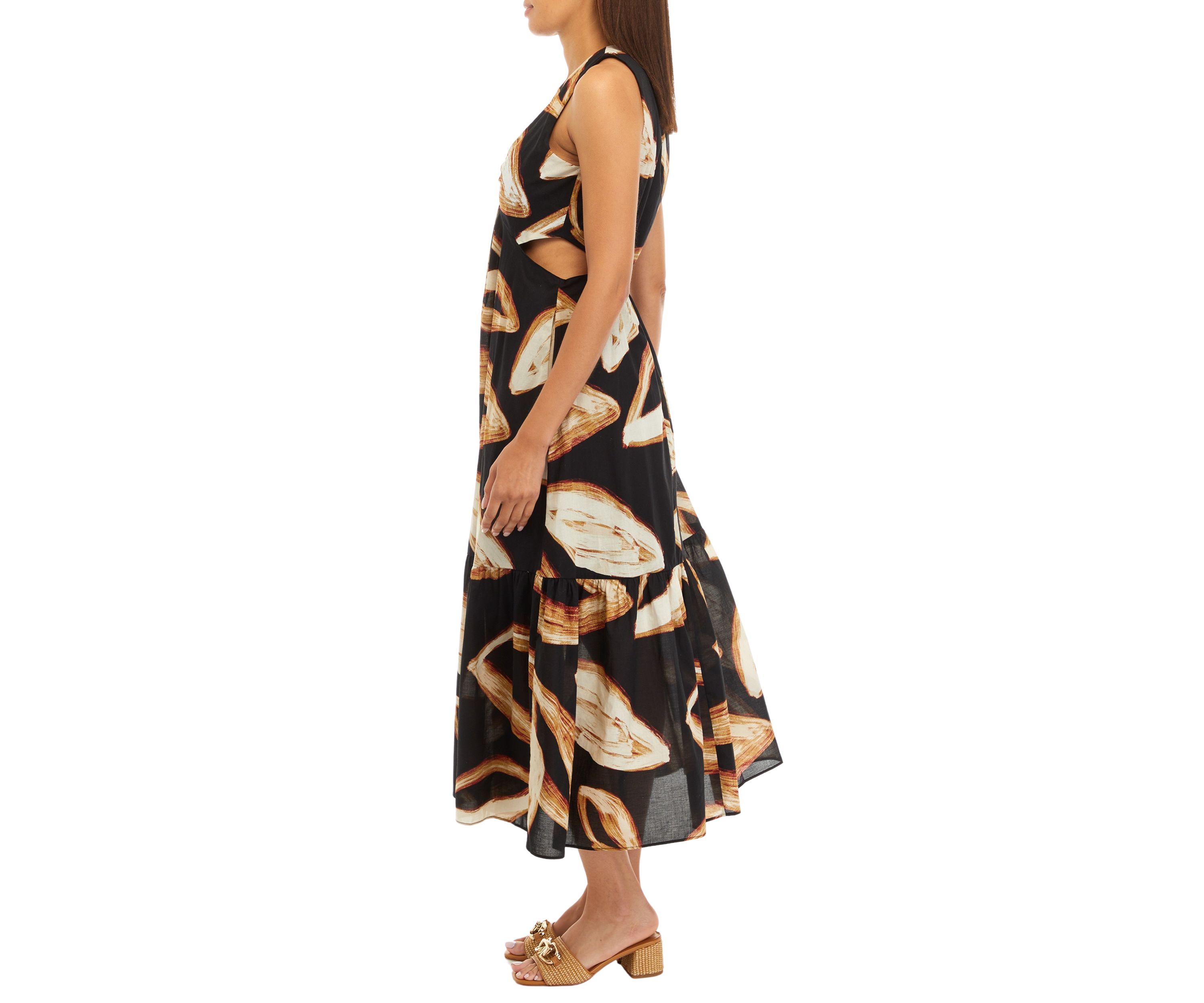 Womens Sleeveless Tie Waist Leaf Print Dress