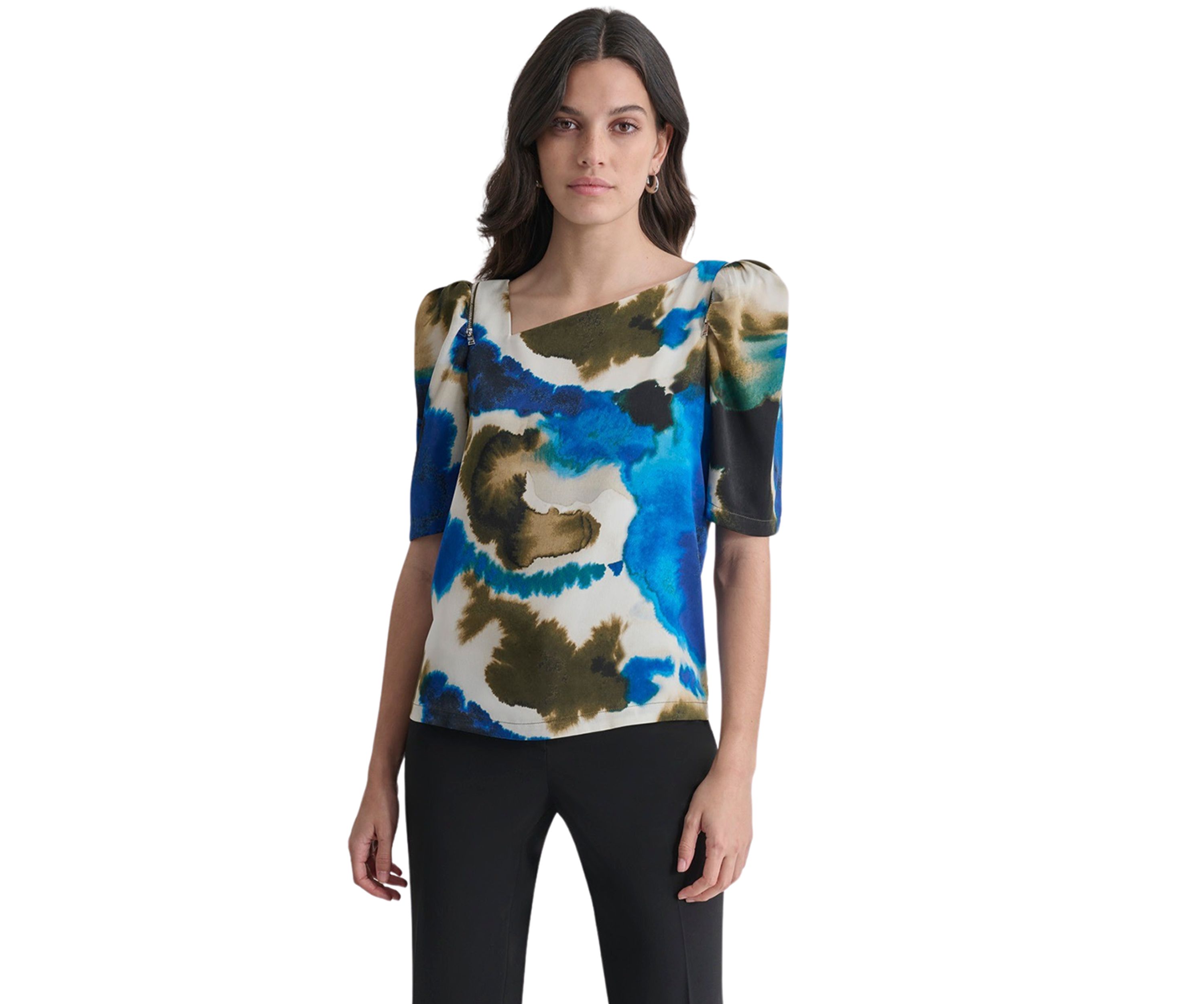 Womens Puff Sleeve Asymmetric Neck Swirl Blouse