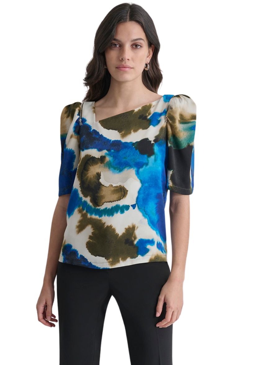 Womens Puff Sleeve Asymmetric Neck Swirl Blouse