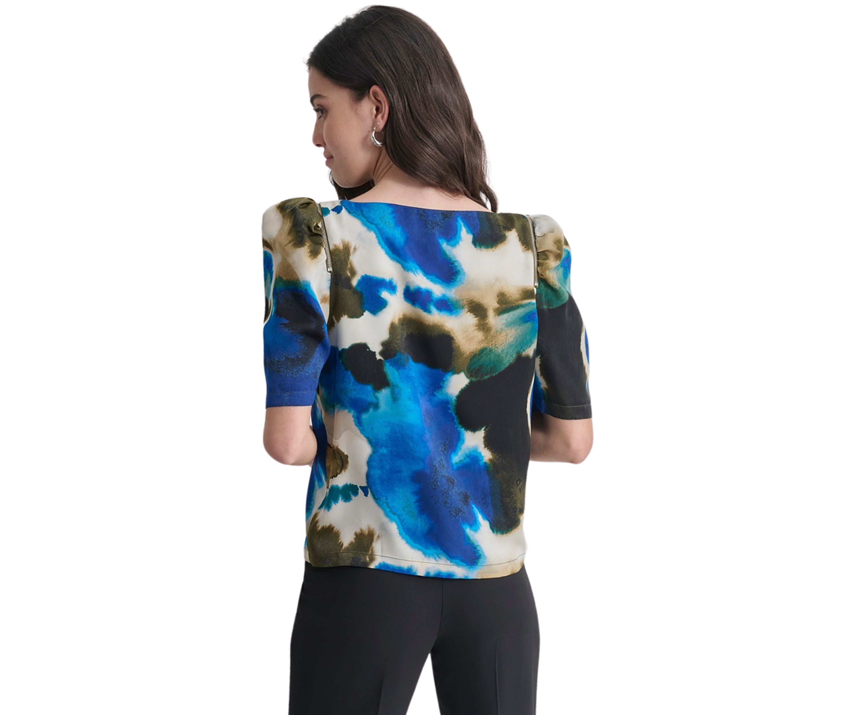 Womens Puff Sleeve Asymmetric Neck Swirl Blouse