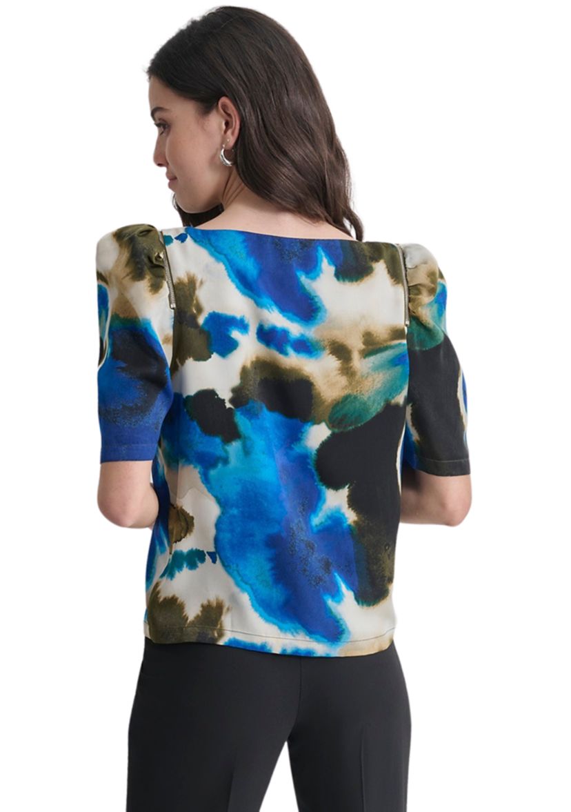 Womens Puff Sleeve Asymmetric Neck Swirl Blouse