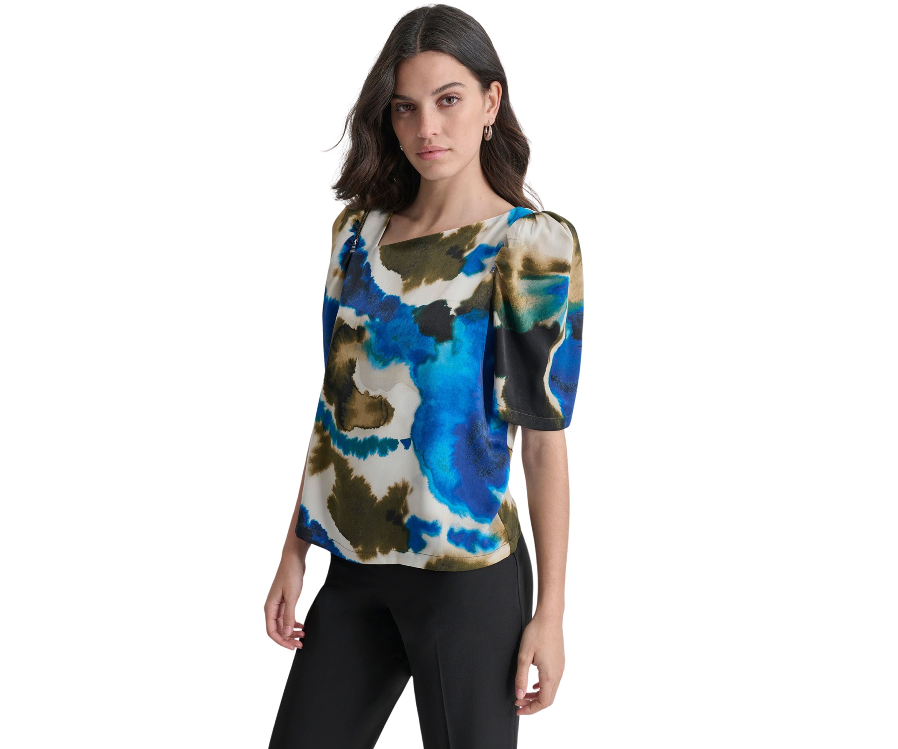 Womens Puff Sleeve Asymmetric Neck Swirl Blouse