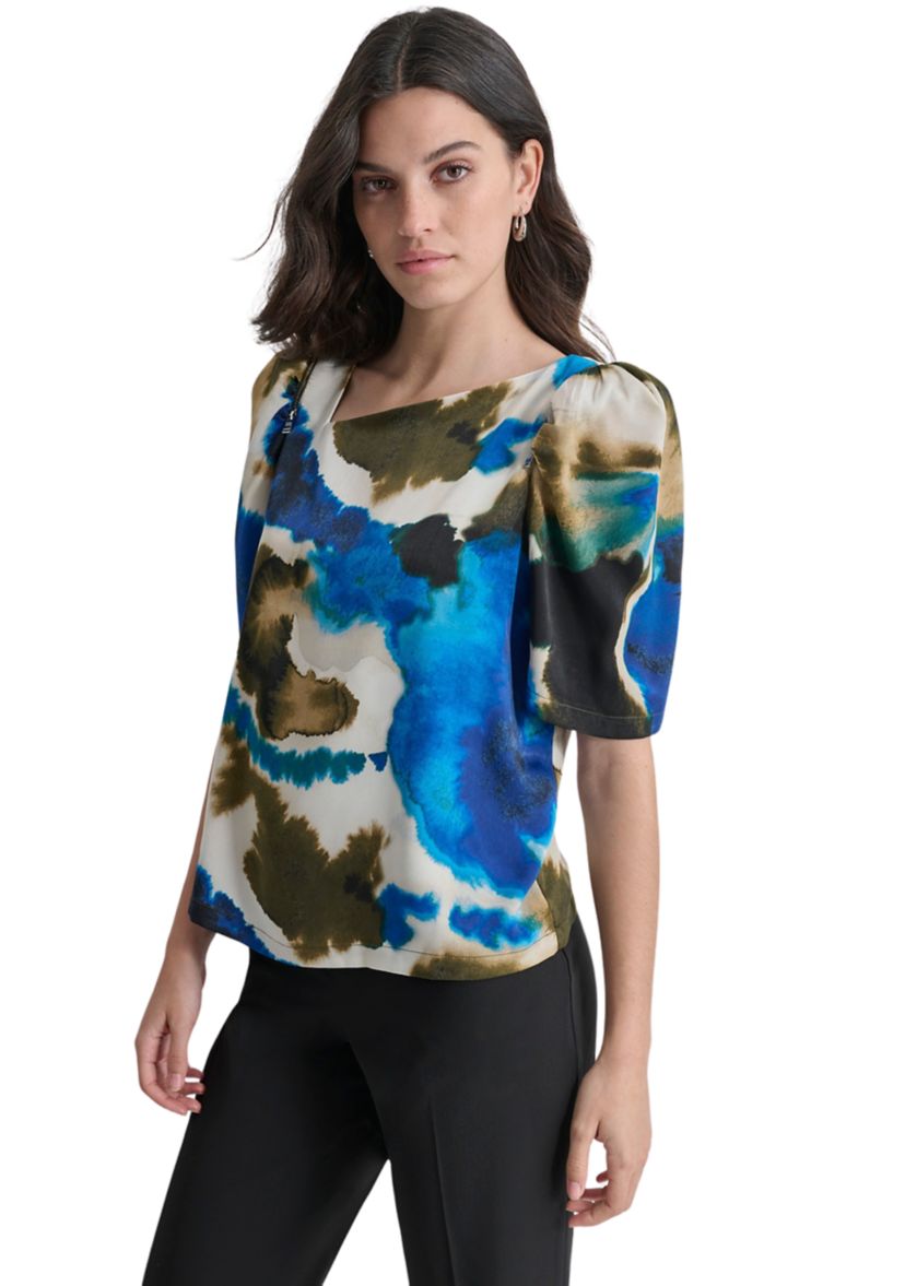 Womens Puff Sleeve Asymmetric Neck Swirl Blouse