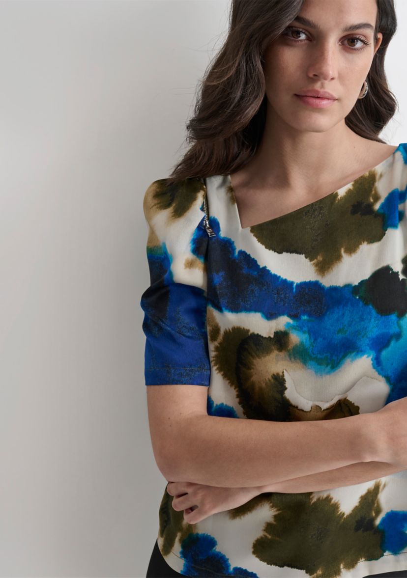 Womens Puff Sleeve Asymmetric Neck Swirl Blouse