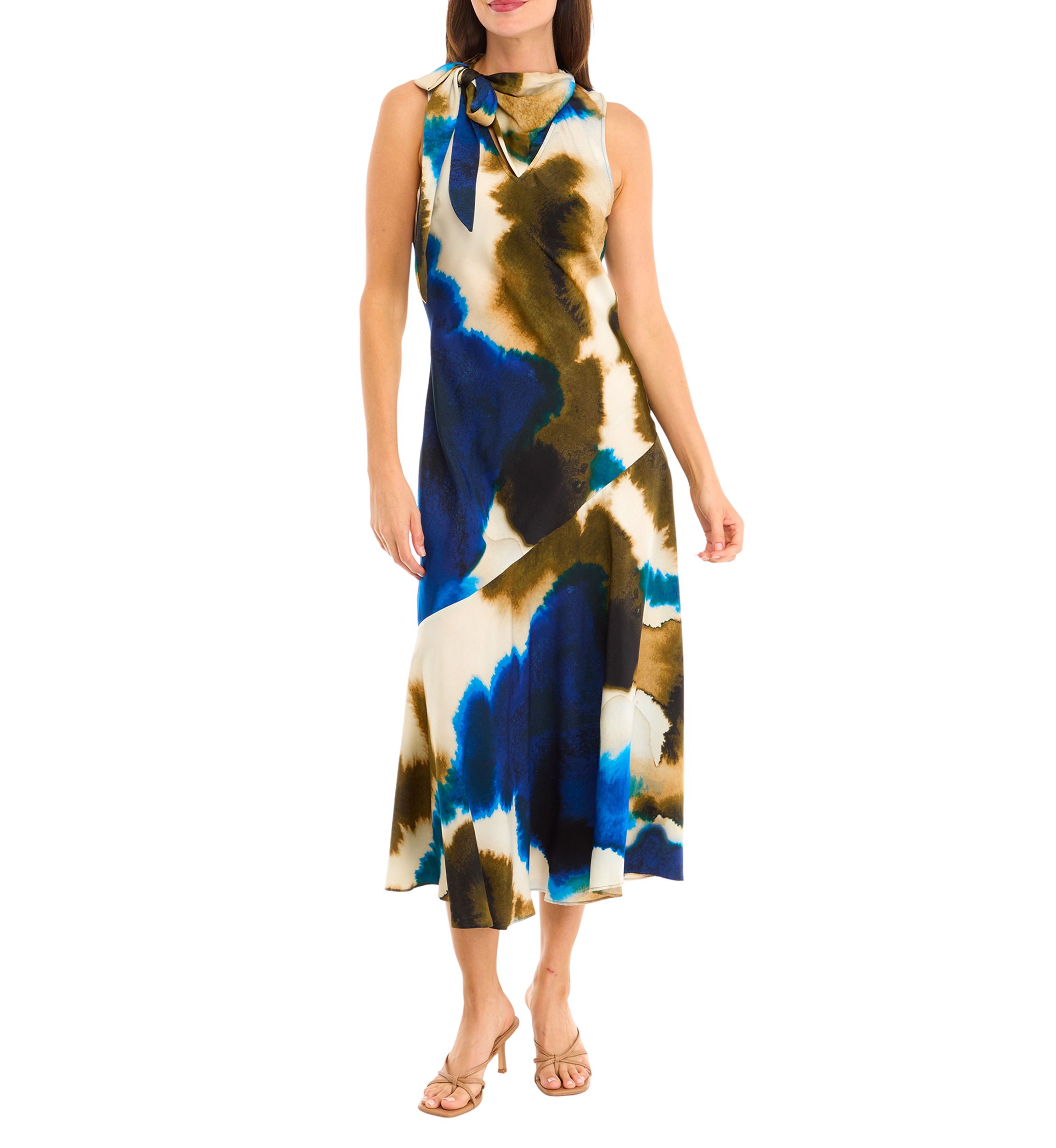 Womens Sleeveless Tie Neck Tie Dye Dress