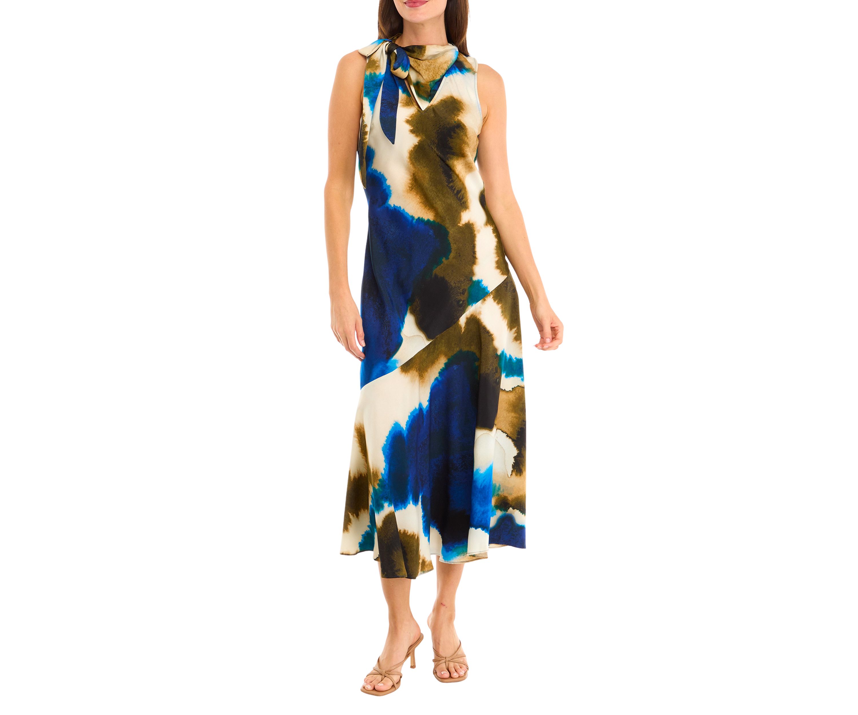 Womens Sleeveless Tie Neck Tie Dye Dress