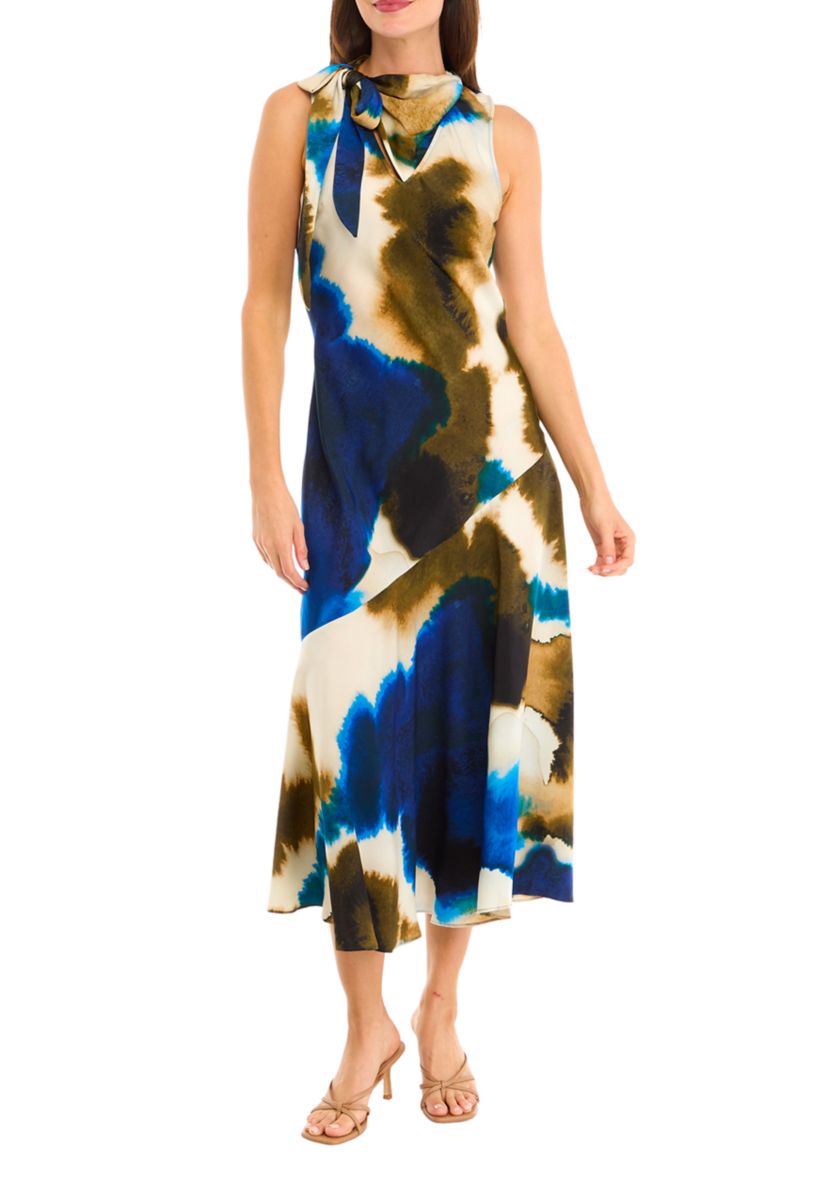 Womens Sleeveless Tie Neck Tie Dye Dress