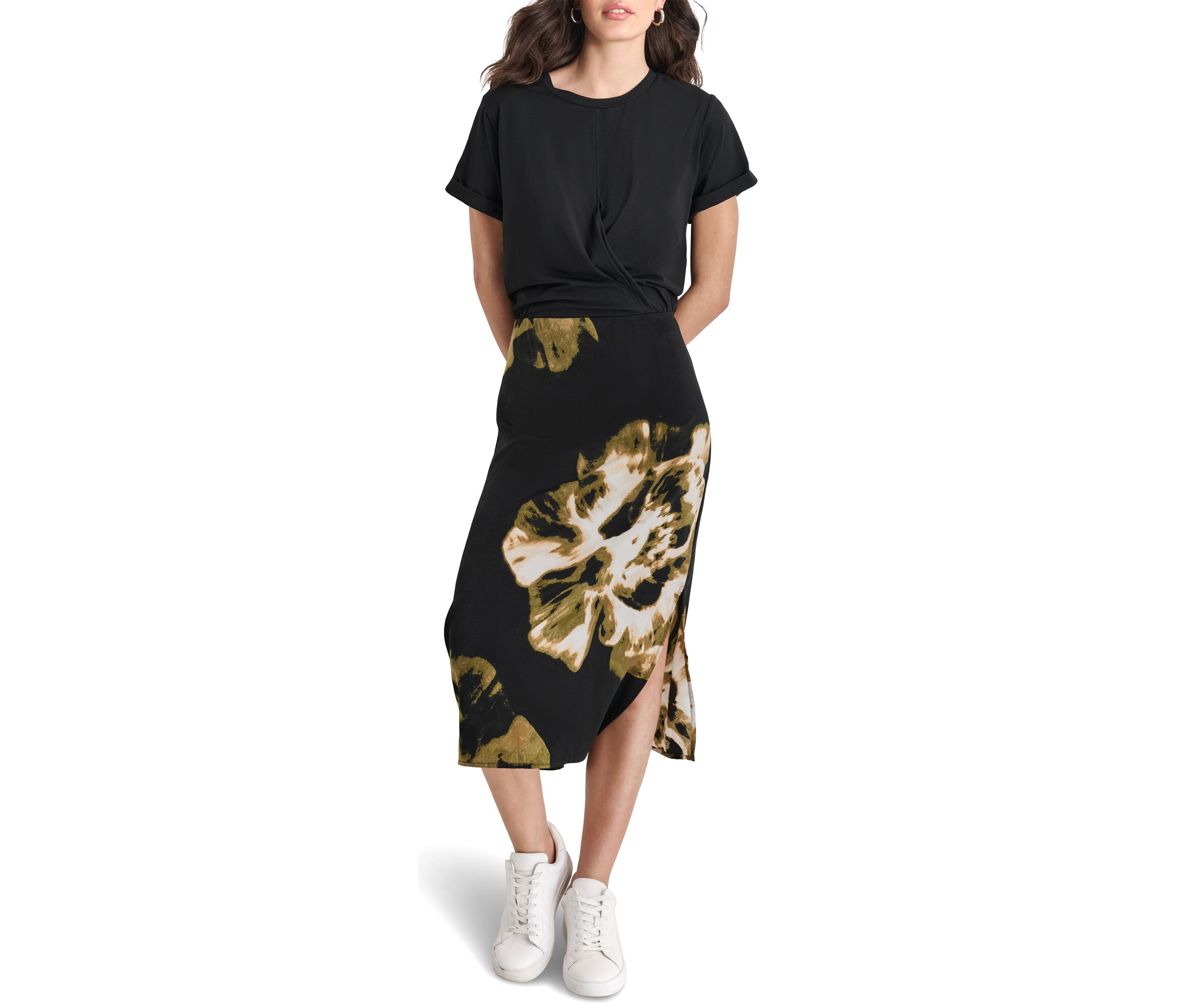 Womens Short Sleeve 2fer Border Print Dress