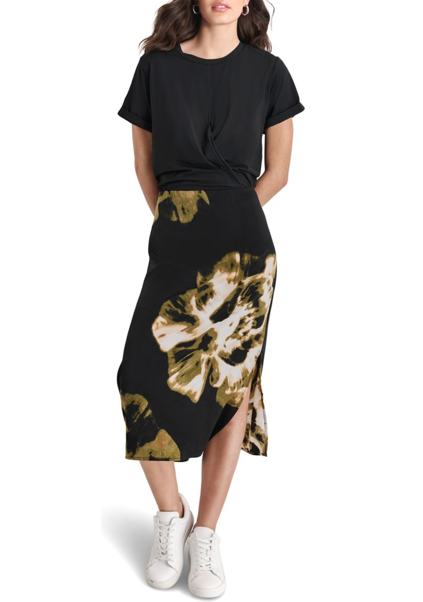 Womens Short Sleeve 2fer Border Print Dress