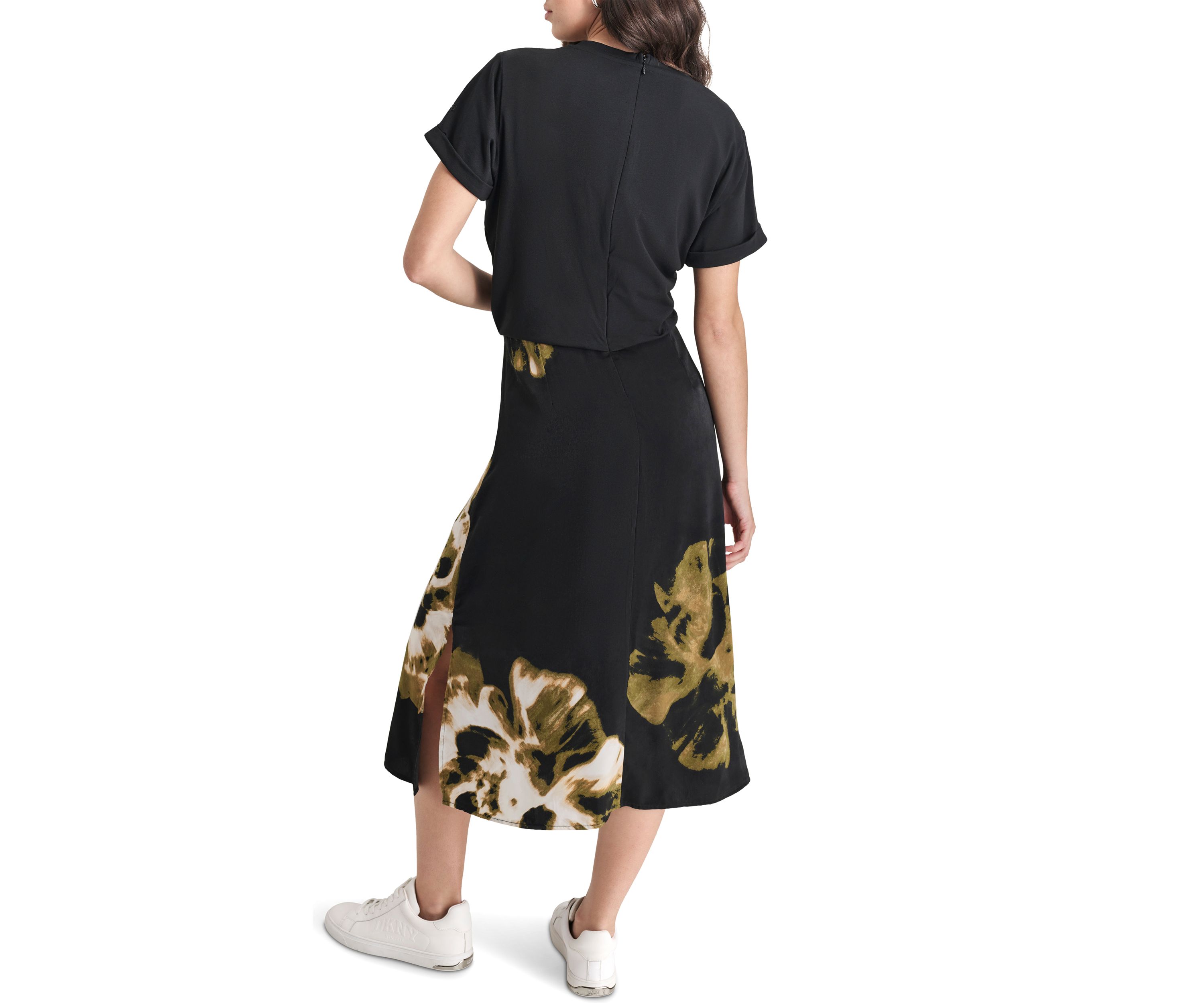Womens Short Sleeve 2fer Border Print Dress