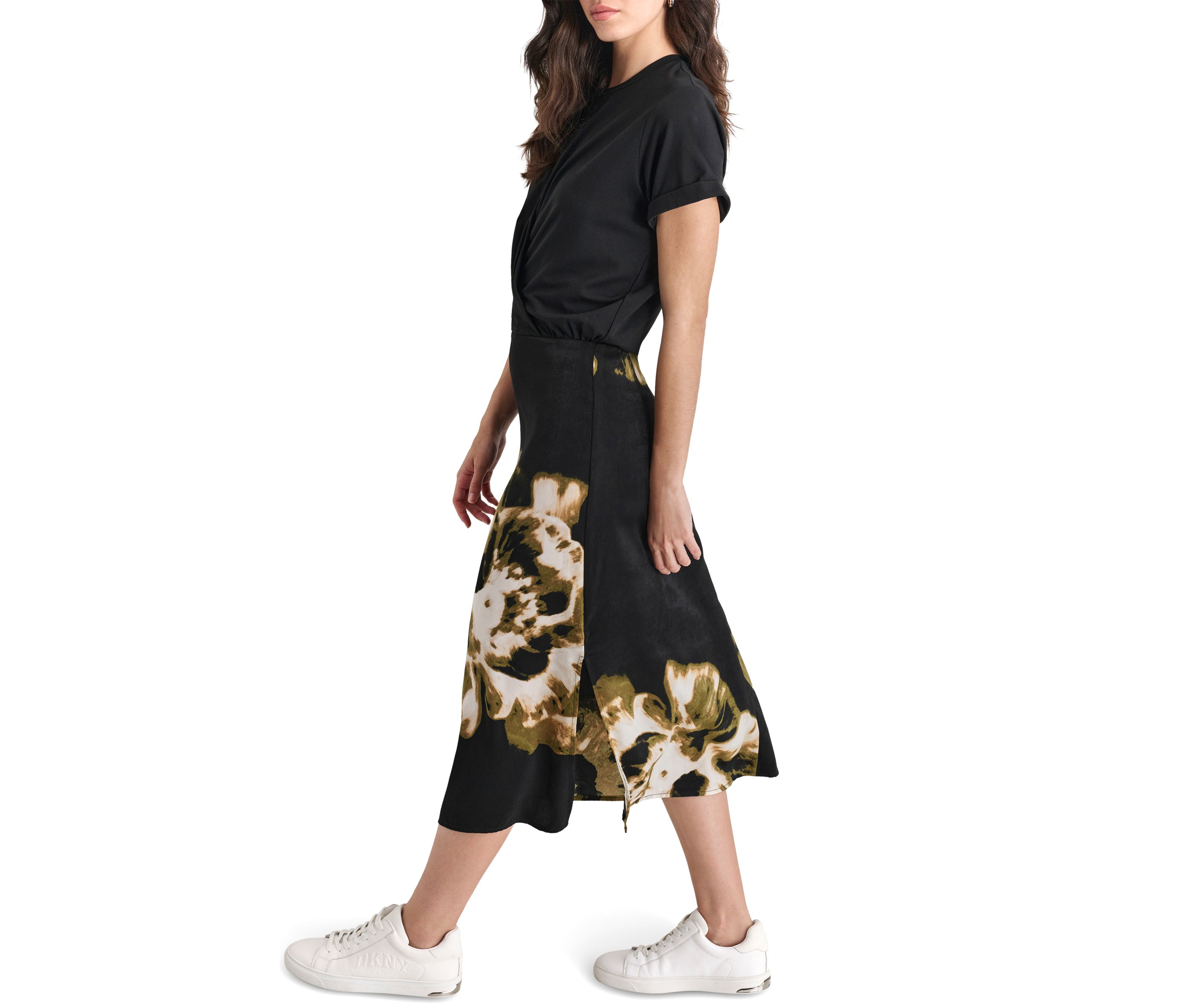 Womens Short Sleeve 2fer Border Print Dress