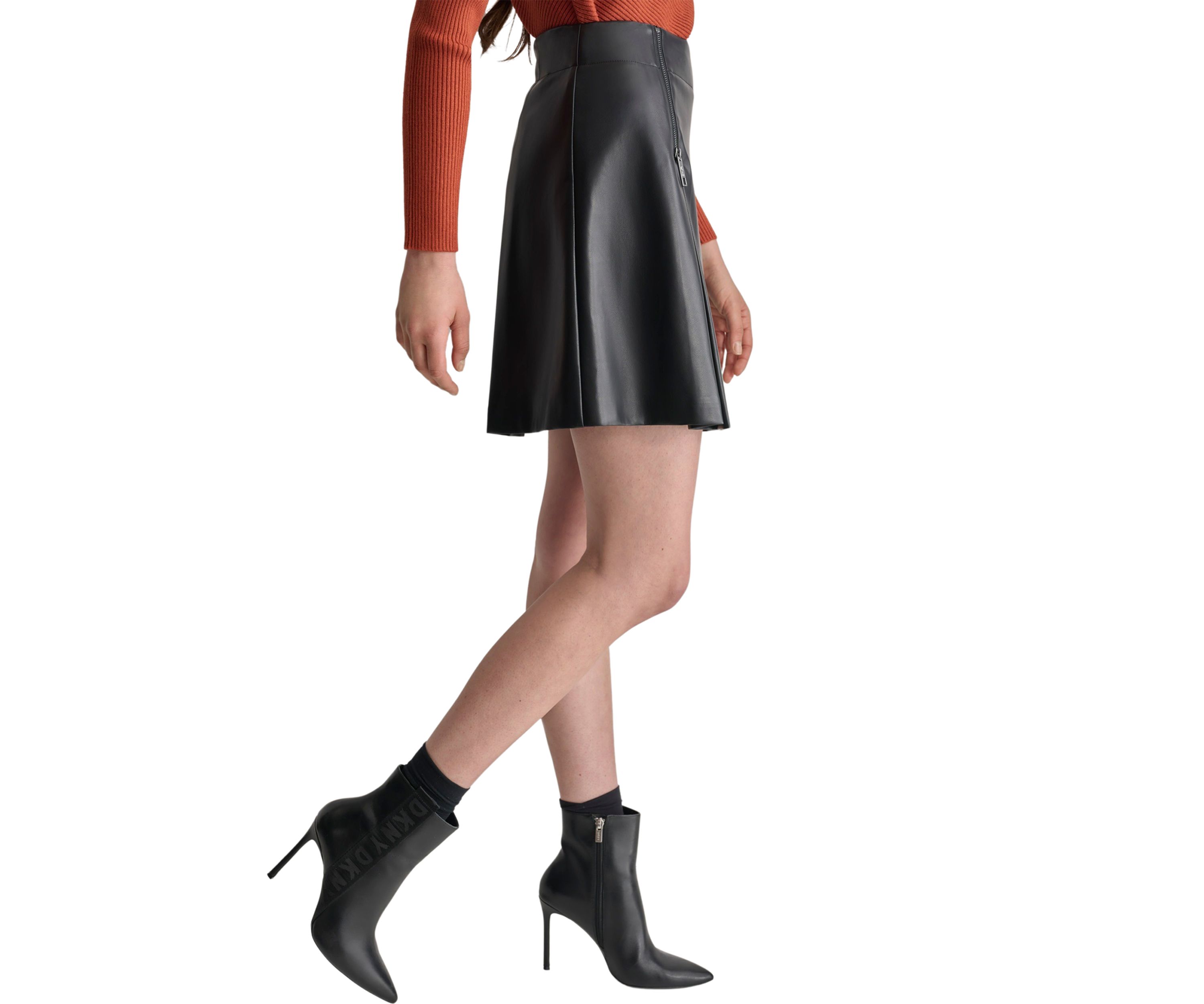 Womens Zipper Detail Pleated Vegan Leather Skirt