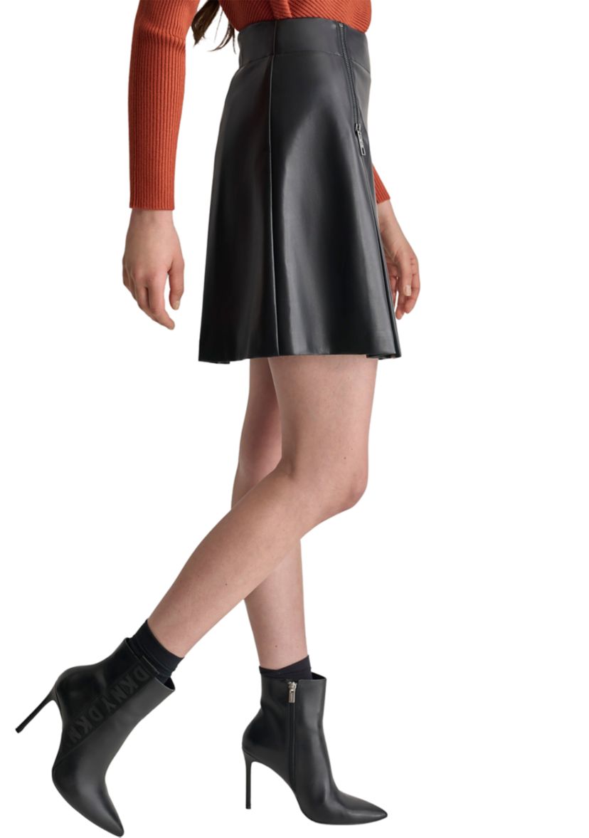 Womens Zipper Detail Pleated Vegan Leather Skirt