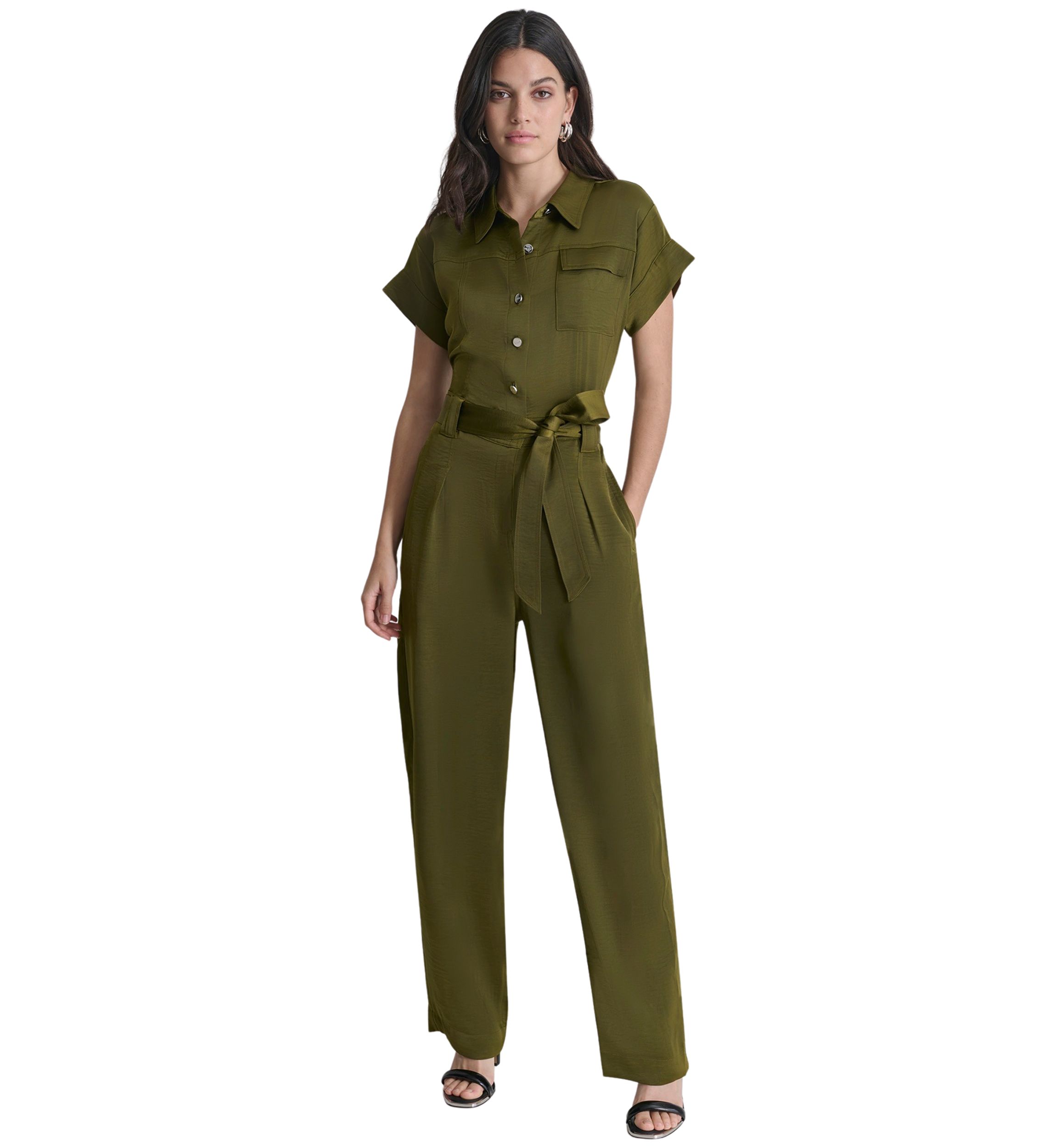 Womens Short Sleeve Tie Waist Utility Jumpsuit
