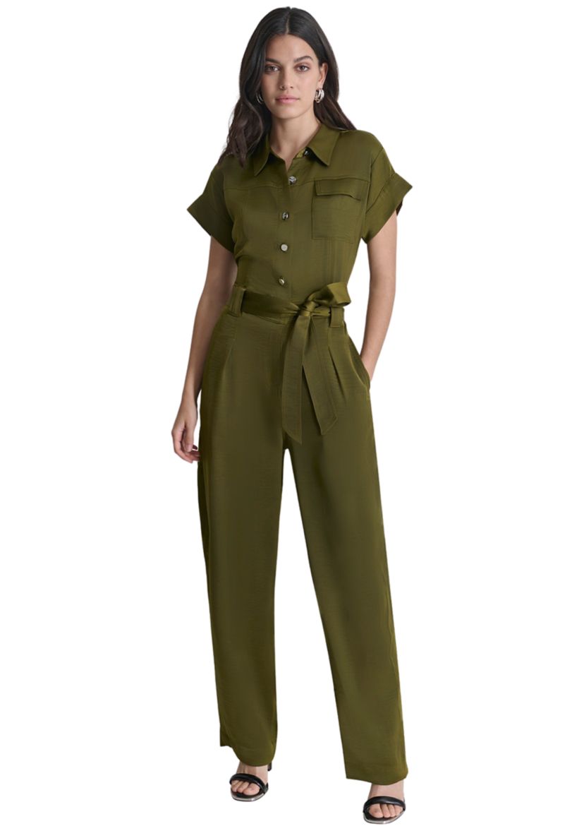 Womens Short Sleeve Tie Waist Utility Jumpsuit