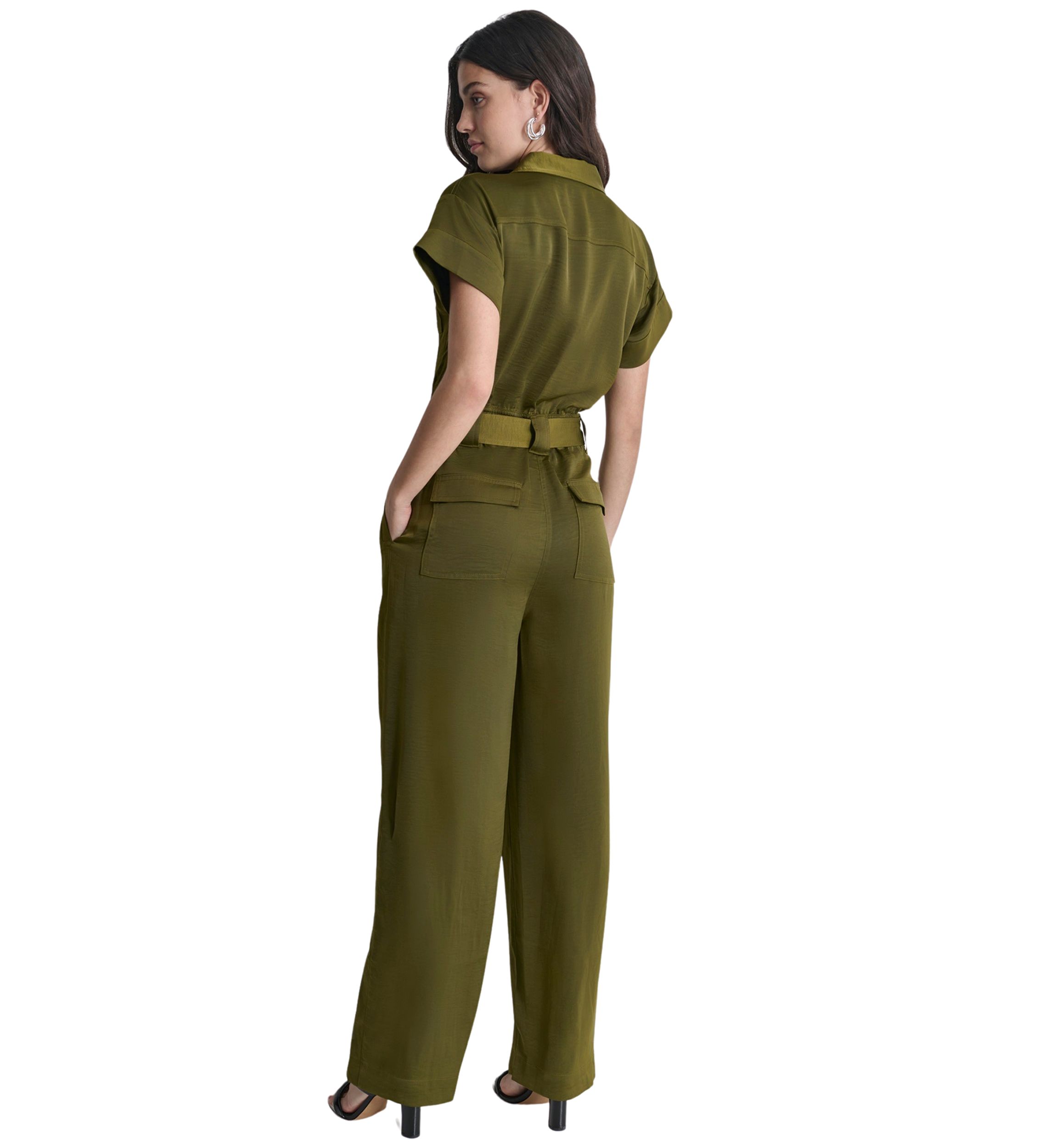 Womens Short Sleeve Tie Waist Utility Jumpsuit