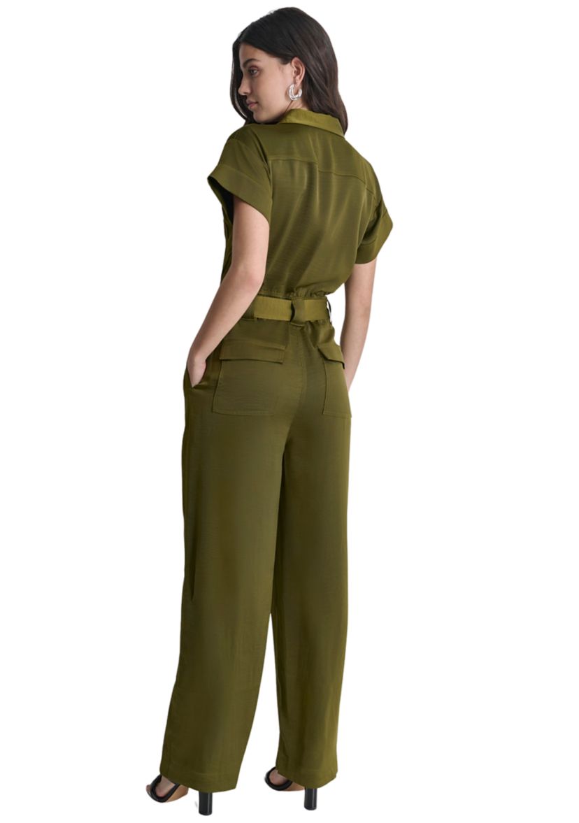 Womens Short Sleeve Tie Waist Utility Jumpsuit