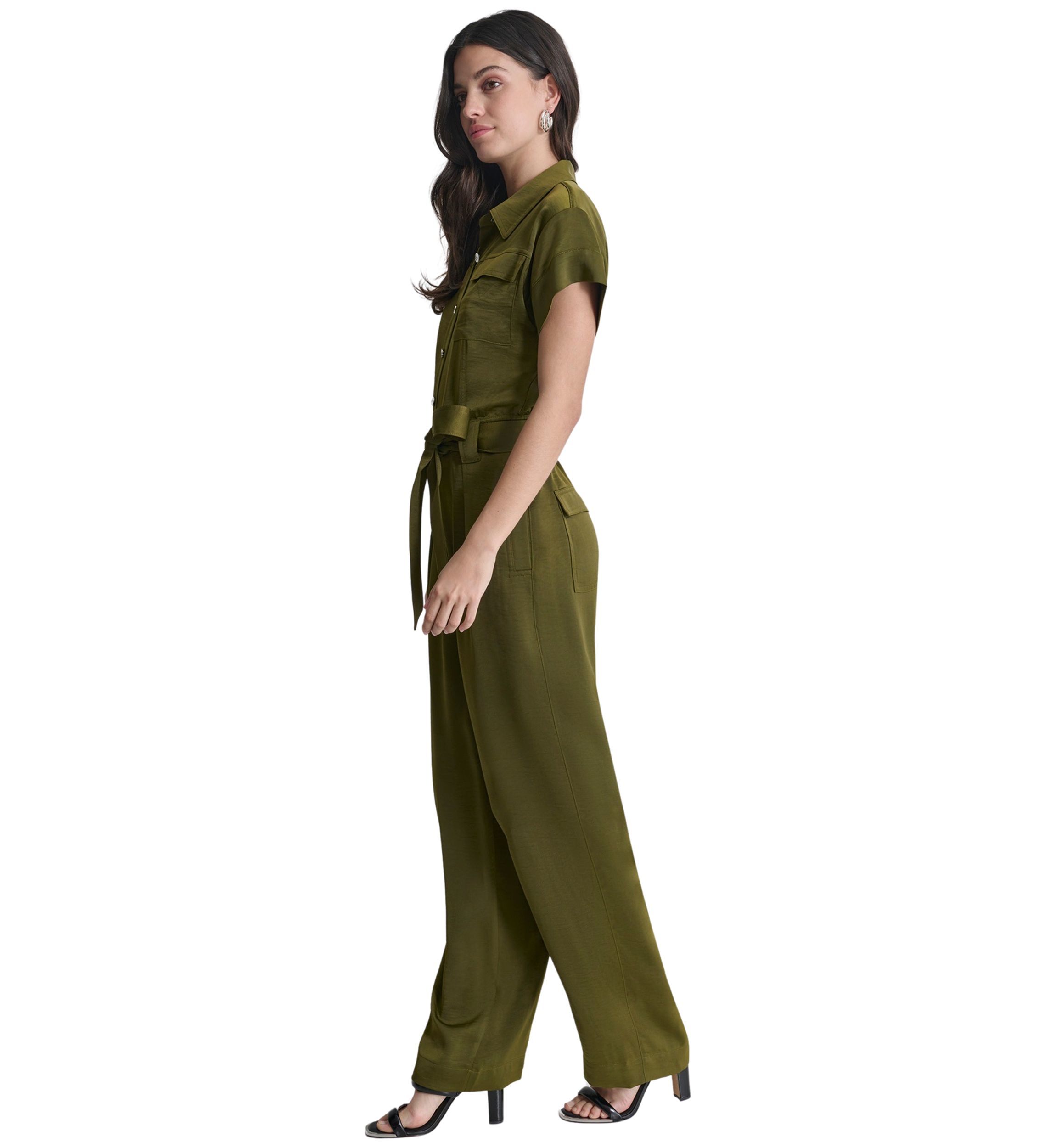 Womens Short Sleeve Tie Waist Utility Jumpsuit