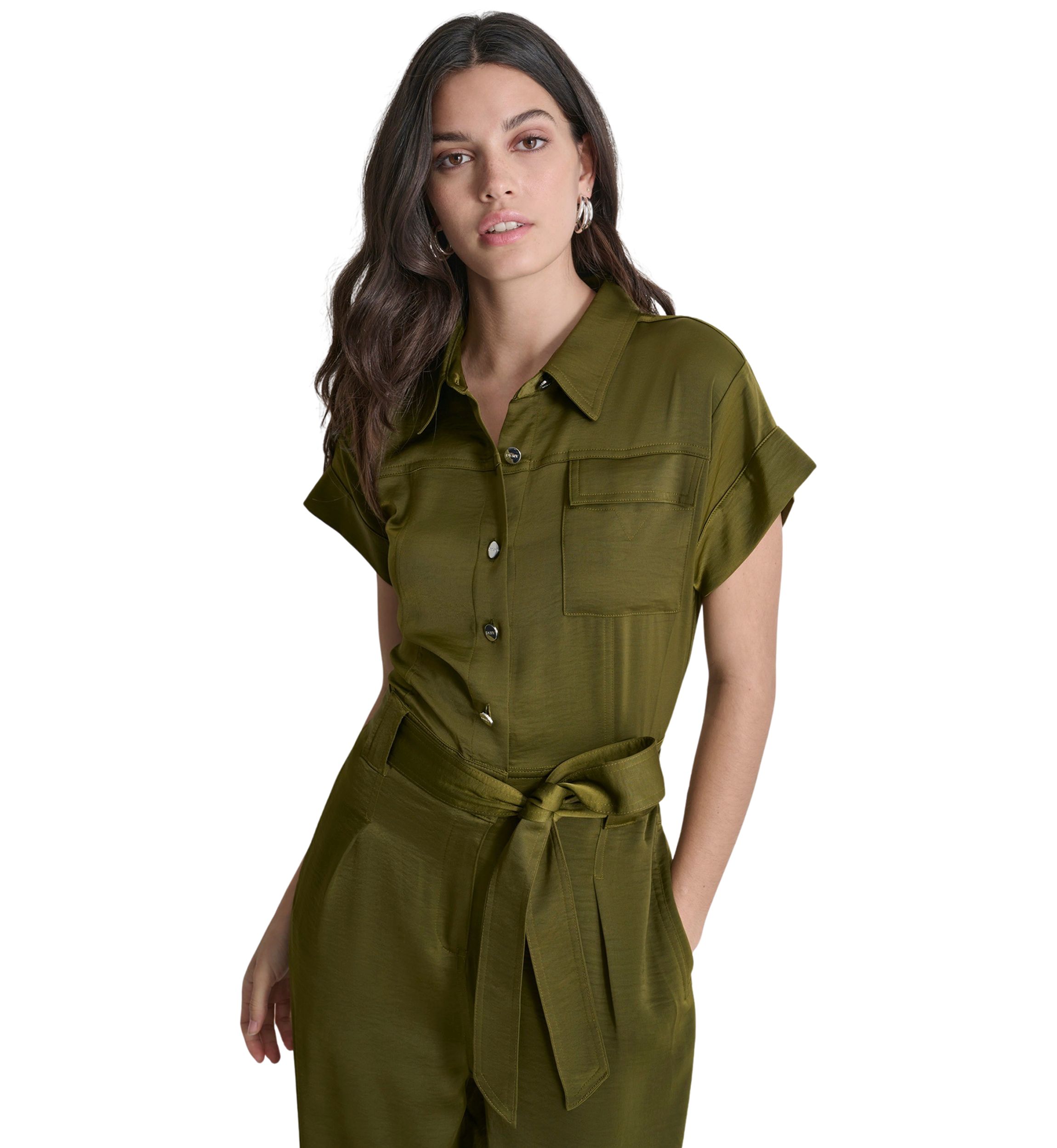Womens Short Sleeve Tie Waist Utility Jumpsuit