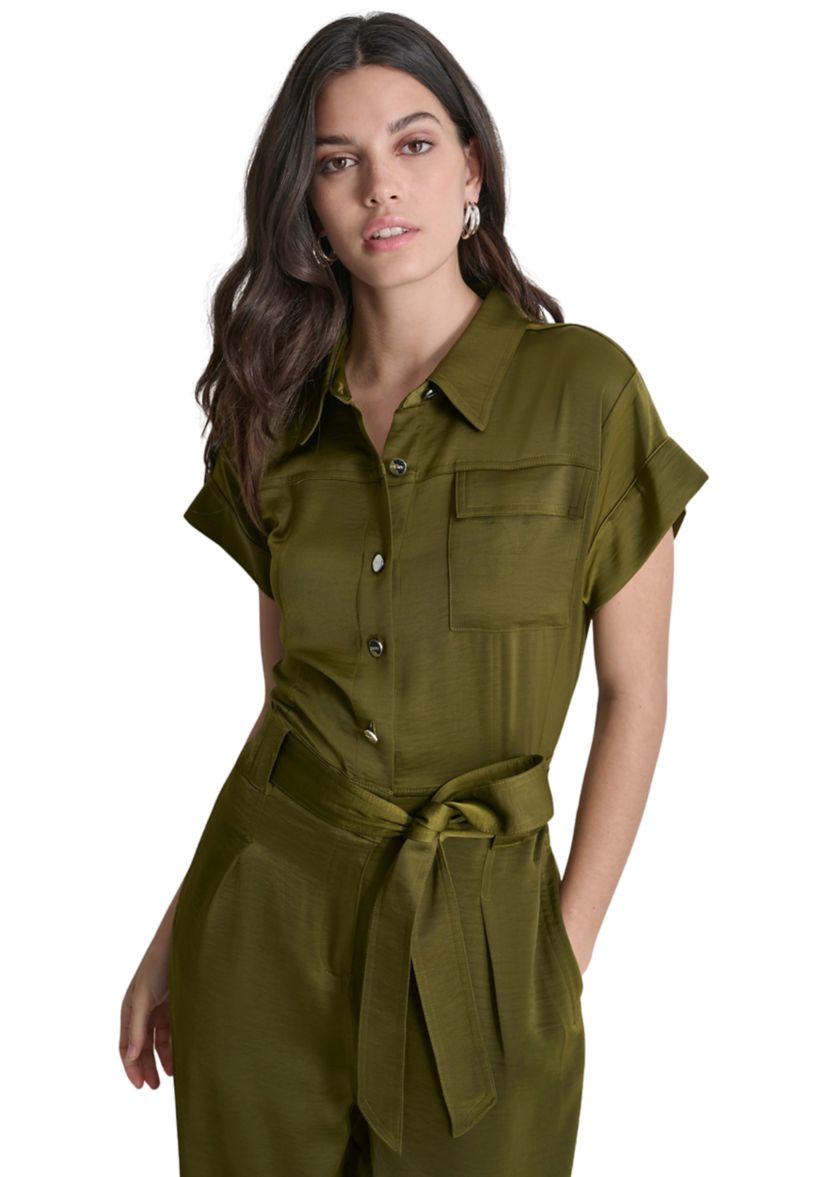 Womens Short Sleeve Tie Waist Utility Jumpsuit