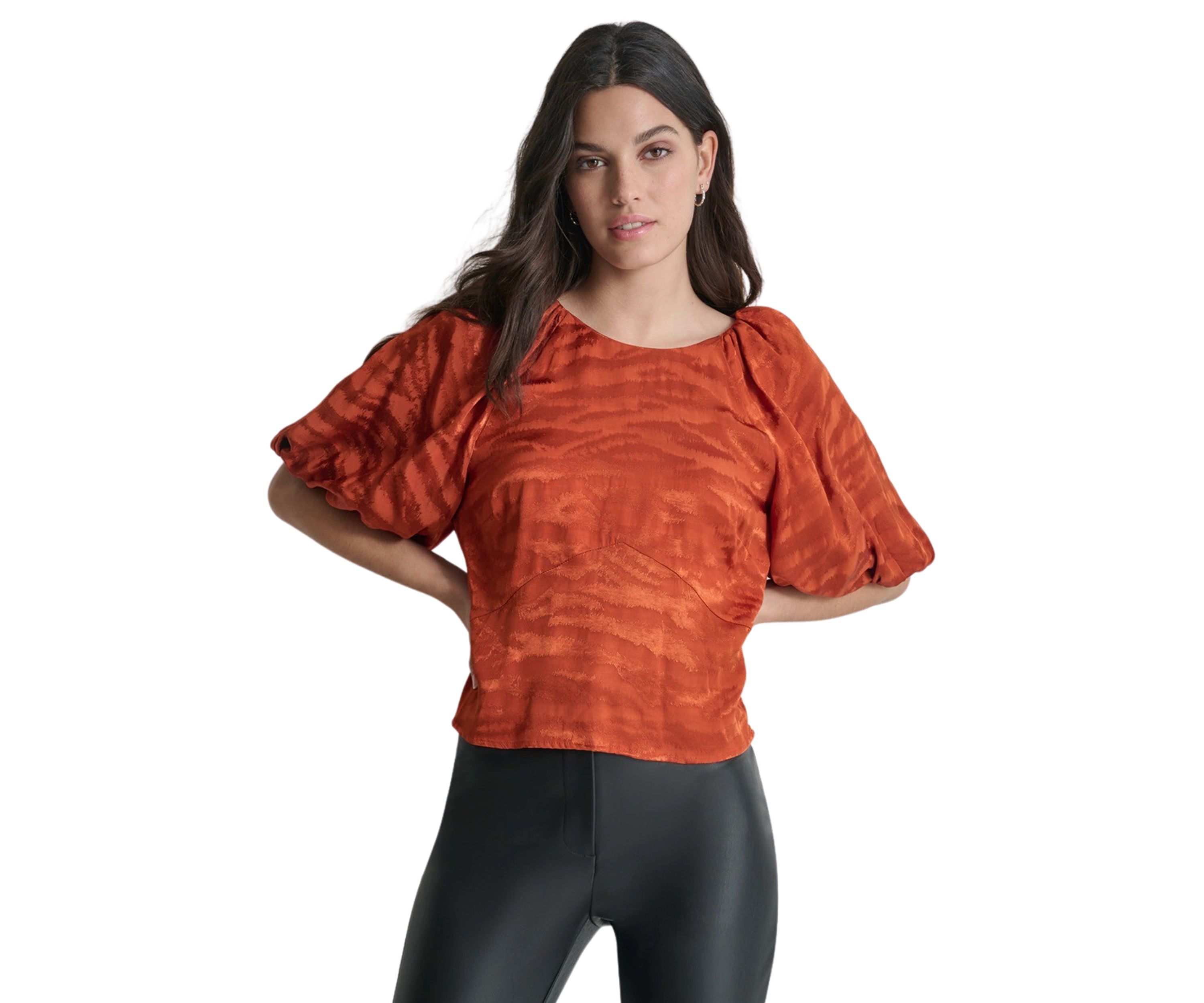 Womens Puff Sleeve Animal Jacquard Blouse