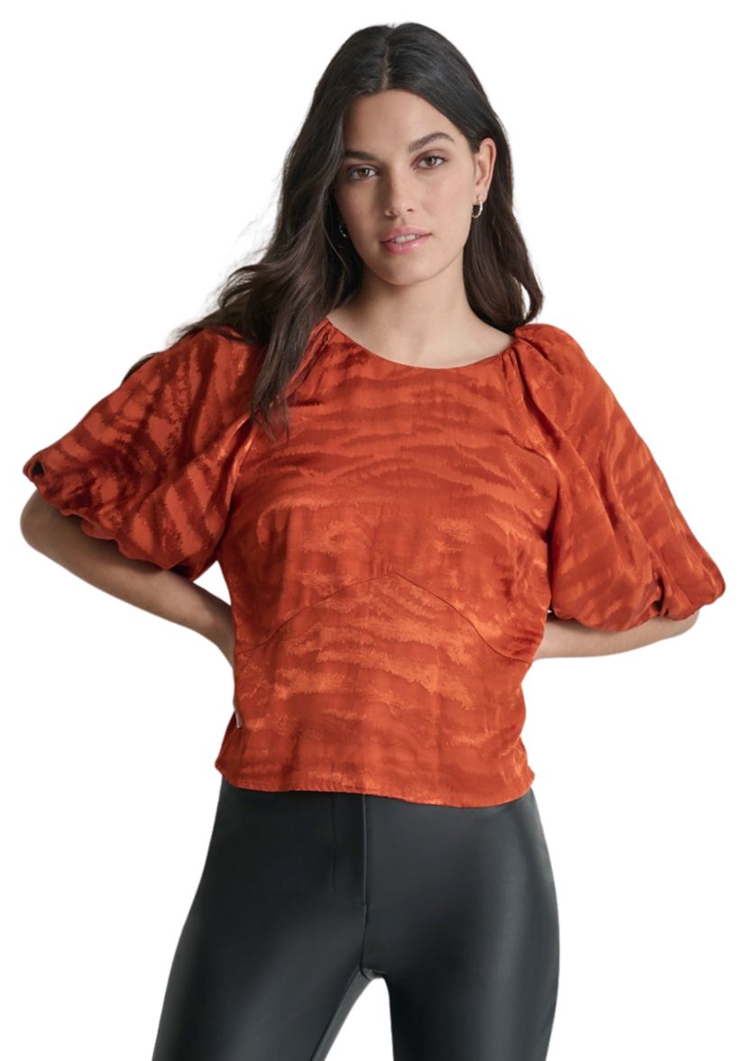 Womens Puff Sleeve Animal Jacquard Blouse