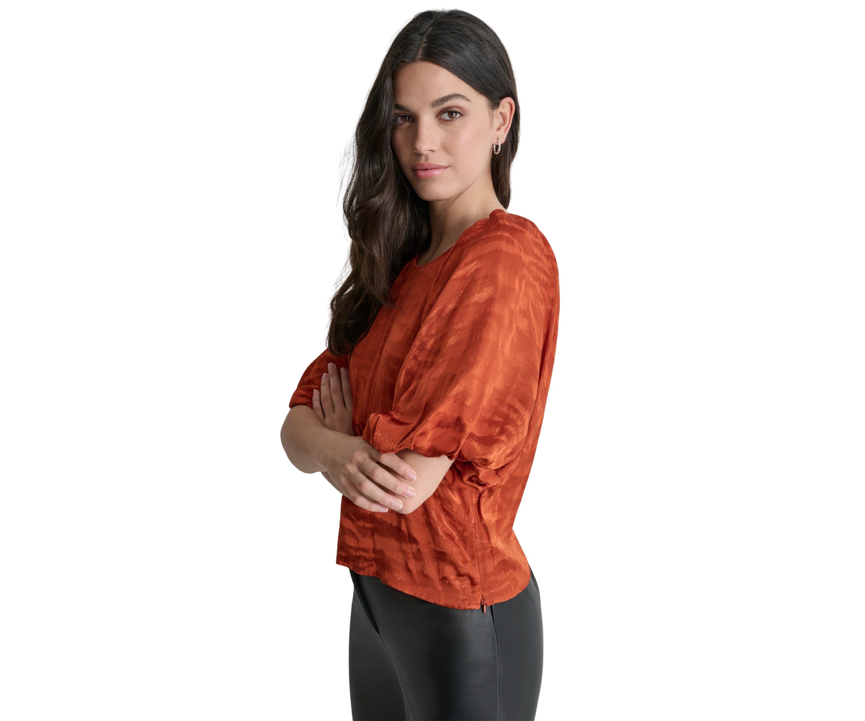 Womens Puff Sleeve Animal Jacquard Blouse