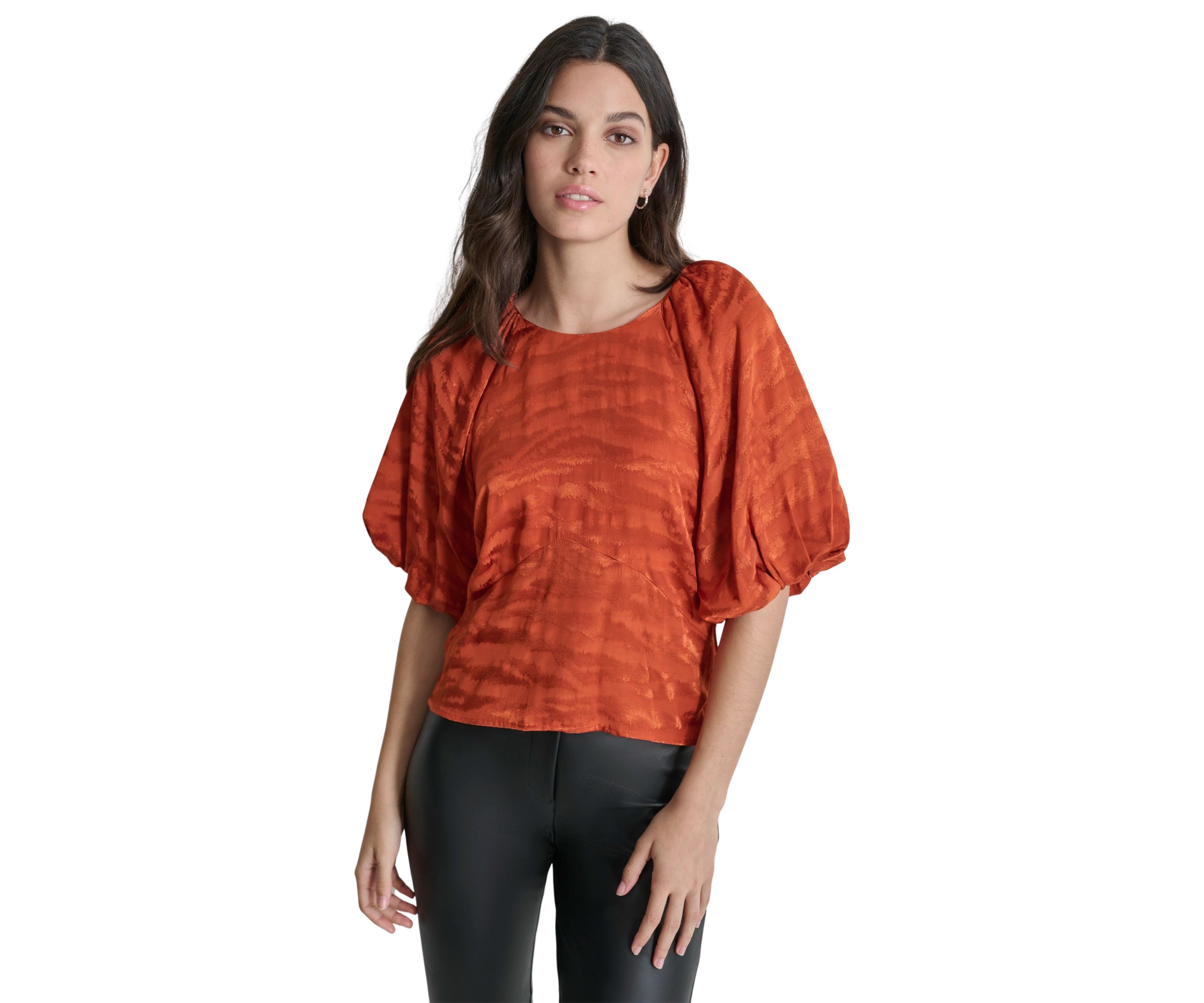 Womens Puff Sleeve Animal Jacquard Blouse