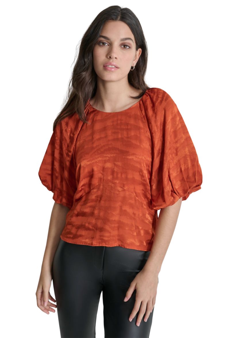 Womens Puff Sleeve Animal Jacquard Blouse