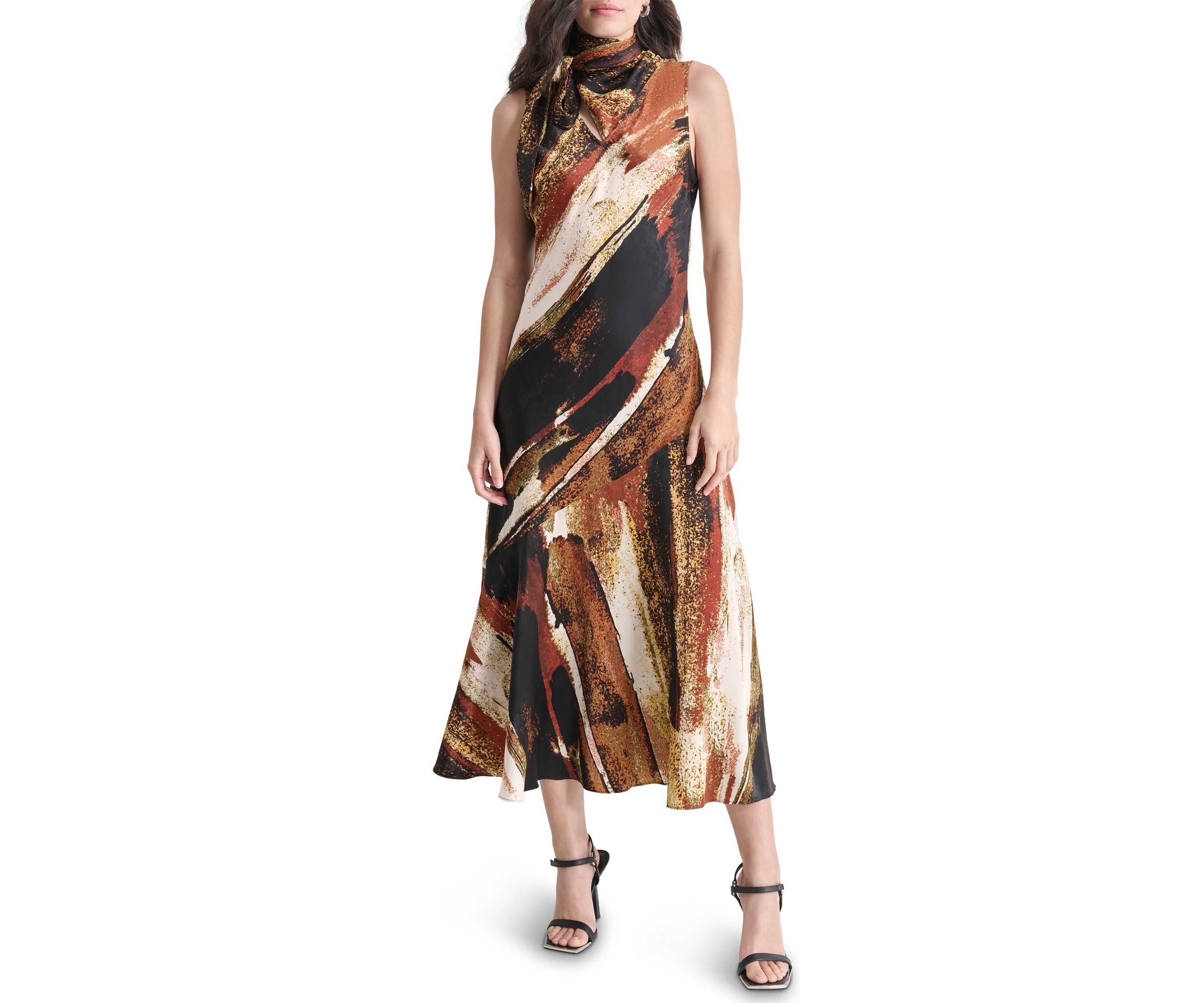 Womens Sleeveless Tie Neck Satin Dress