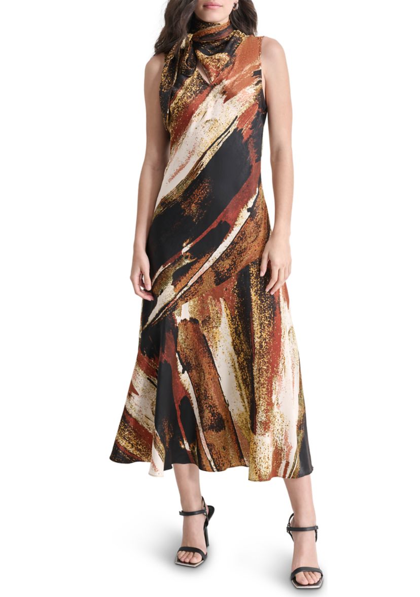 Womens Sleeveless Tie Neck Satin Dress