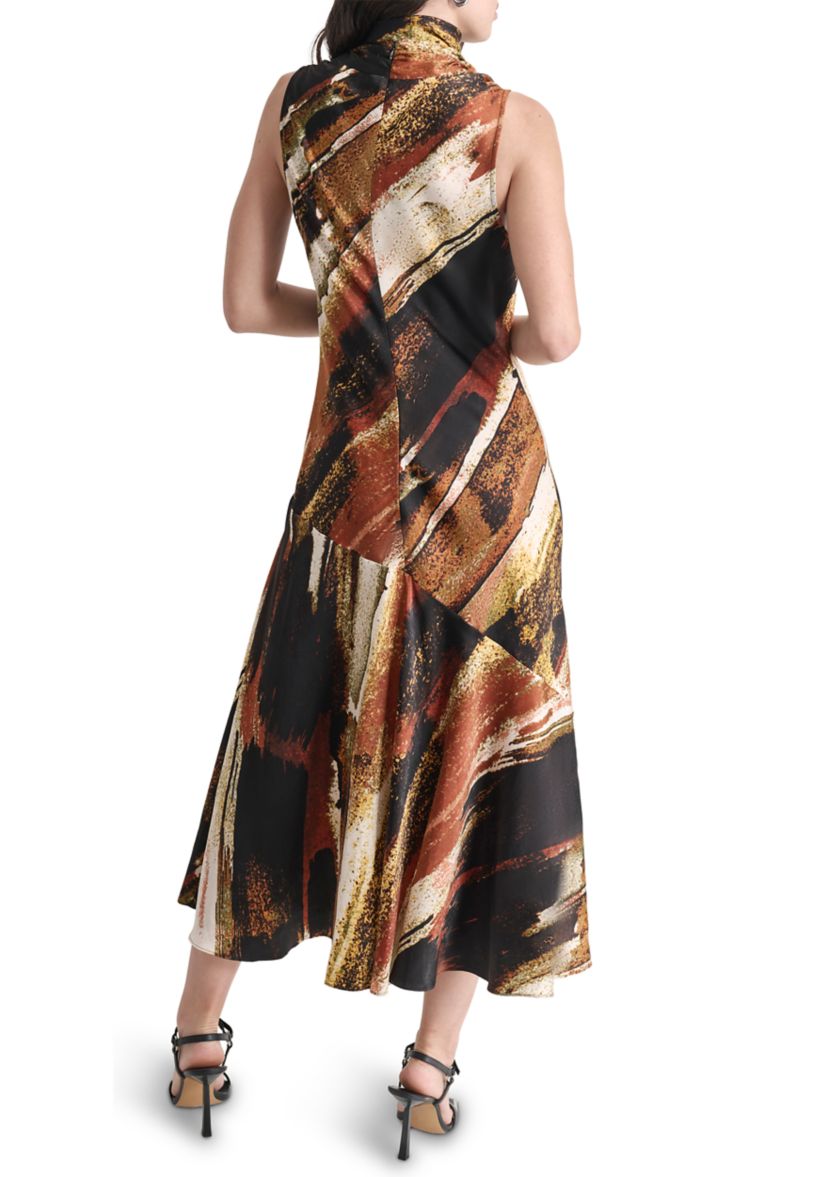 Womens Sleeveless Tie Neck Satin Dress
