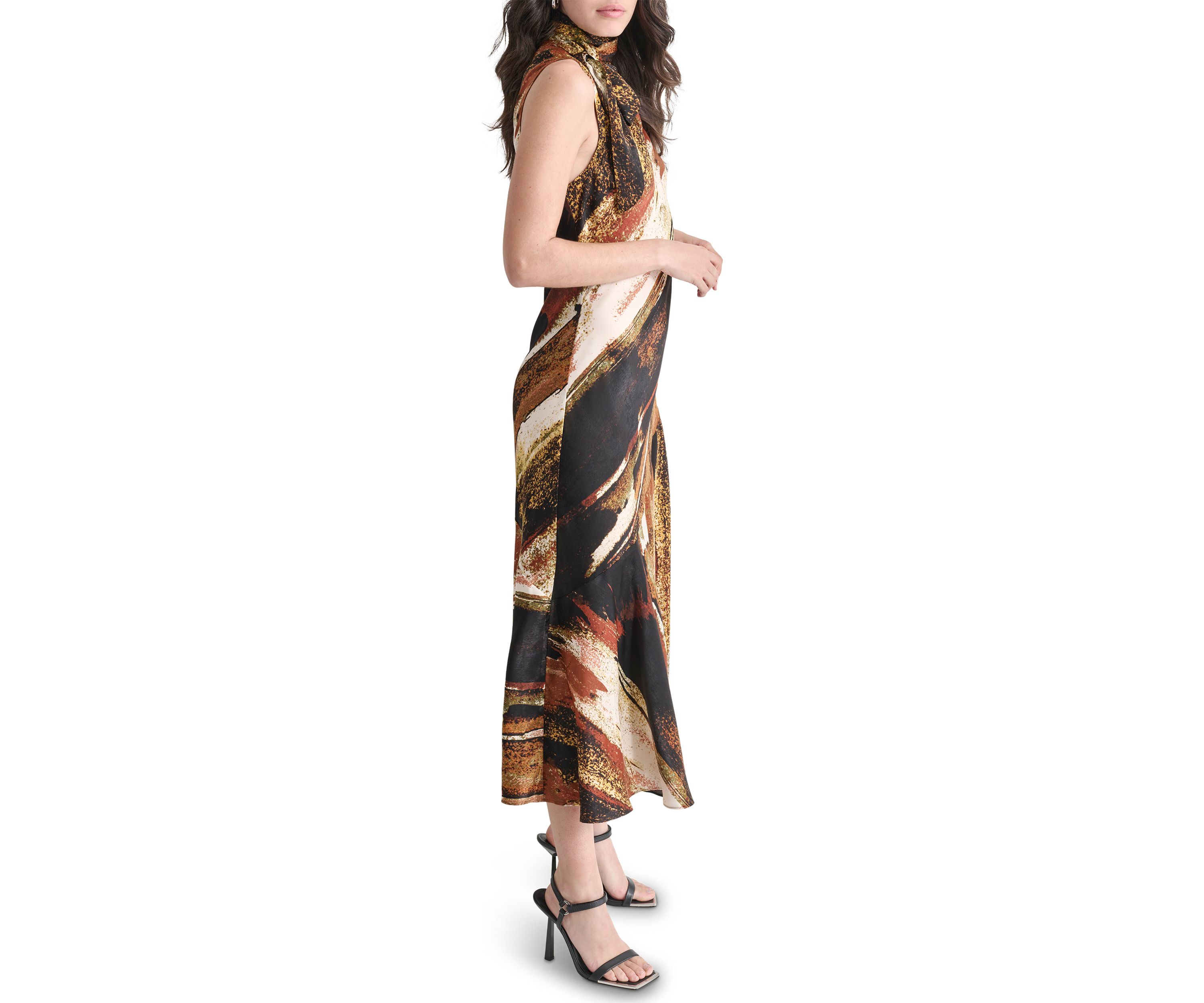 Womens Sleeveless Tie Neck Satin Dress
