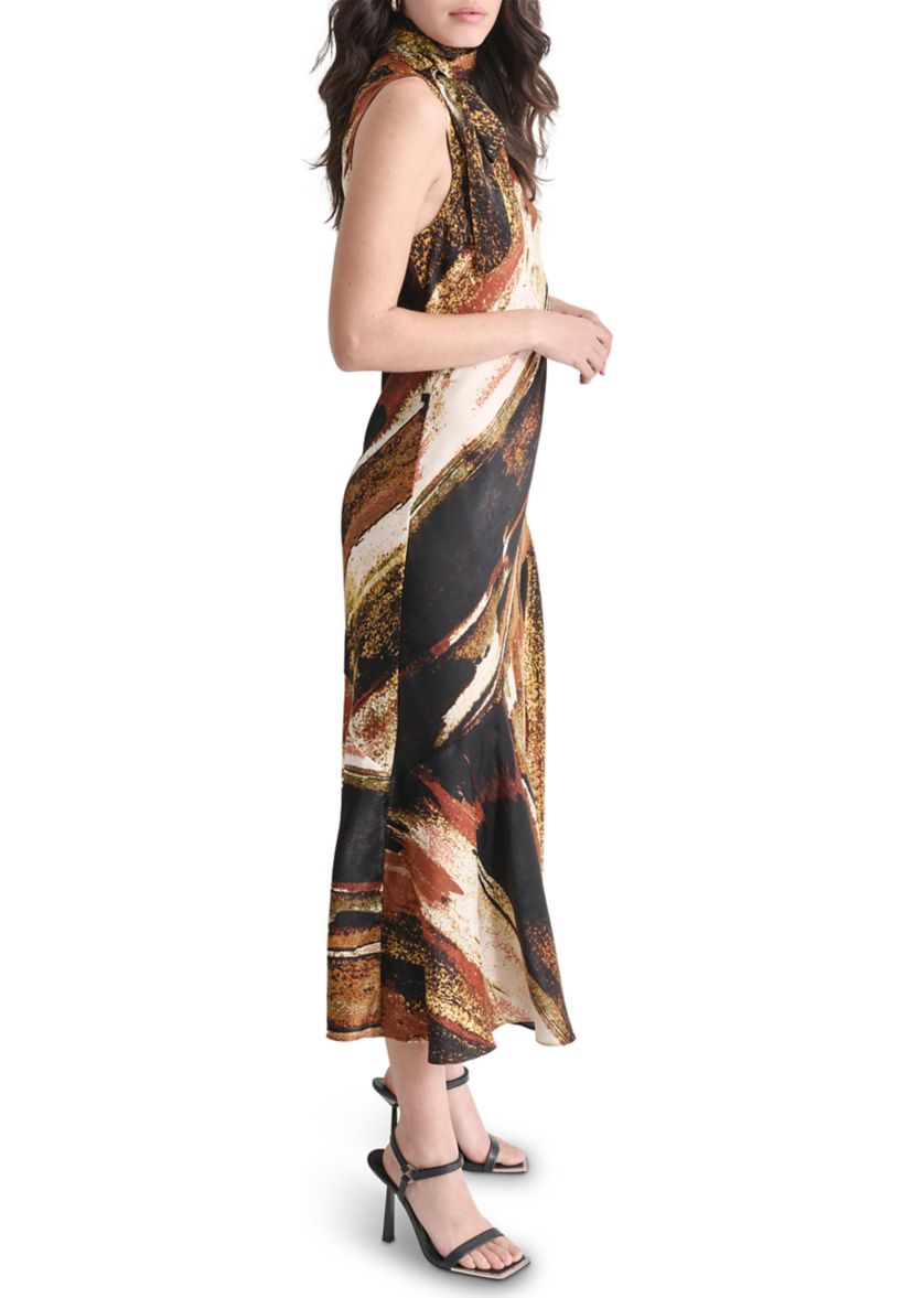 Womens Sleeveless Tie Neck Satin Dress