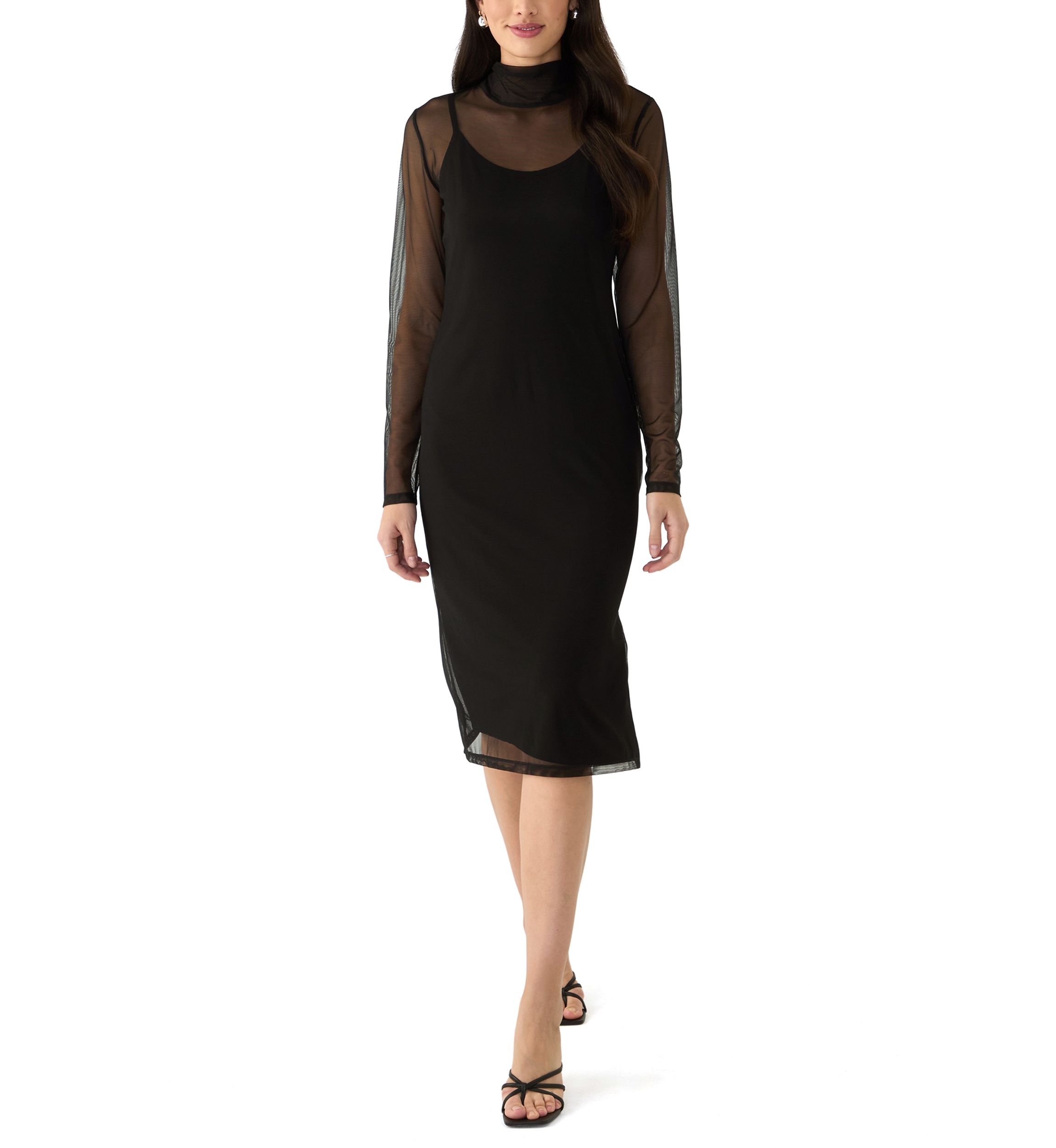 Womens Long Sleeve Mock Neck Mesh Dress