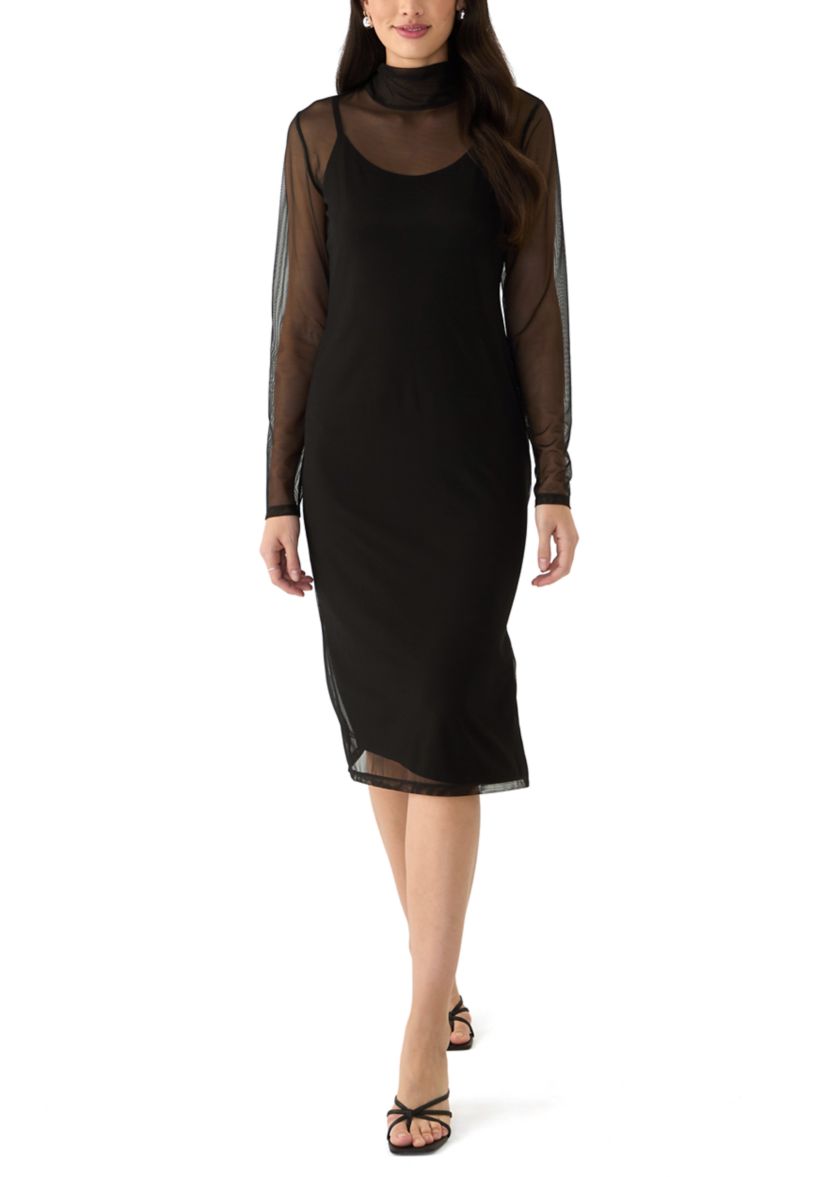 Womens Long Sleeve Mock Neck Mesh Dress