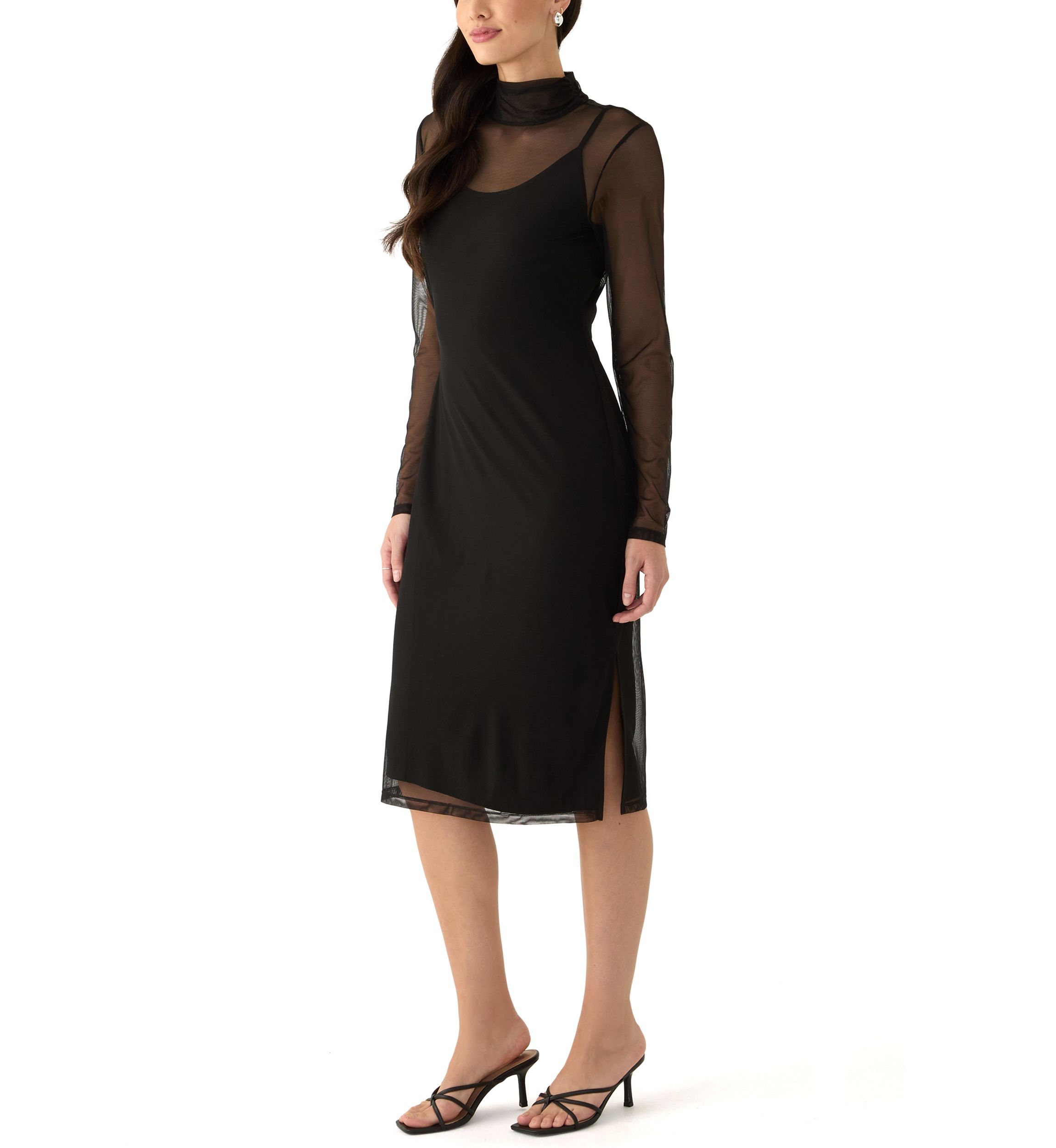 Womens Long Sleeve Mock Neck Mesh Dress